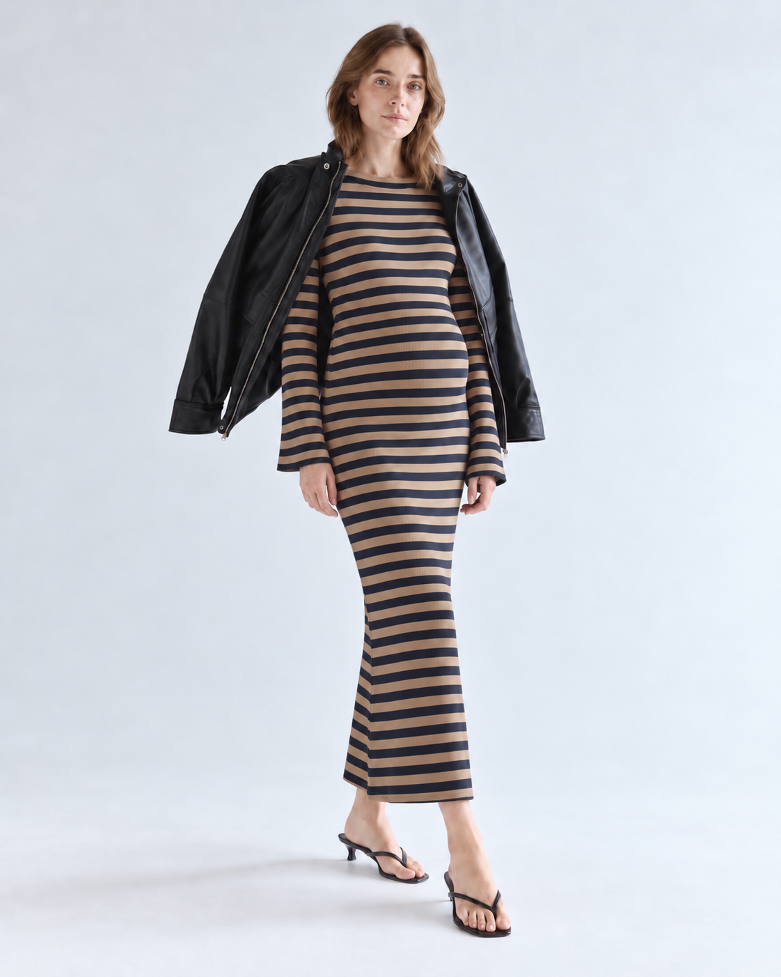 Gestreiftes Baumwoll-Midikleid mit Trompetenärmeln