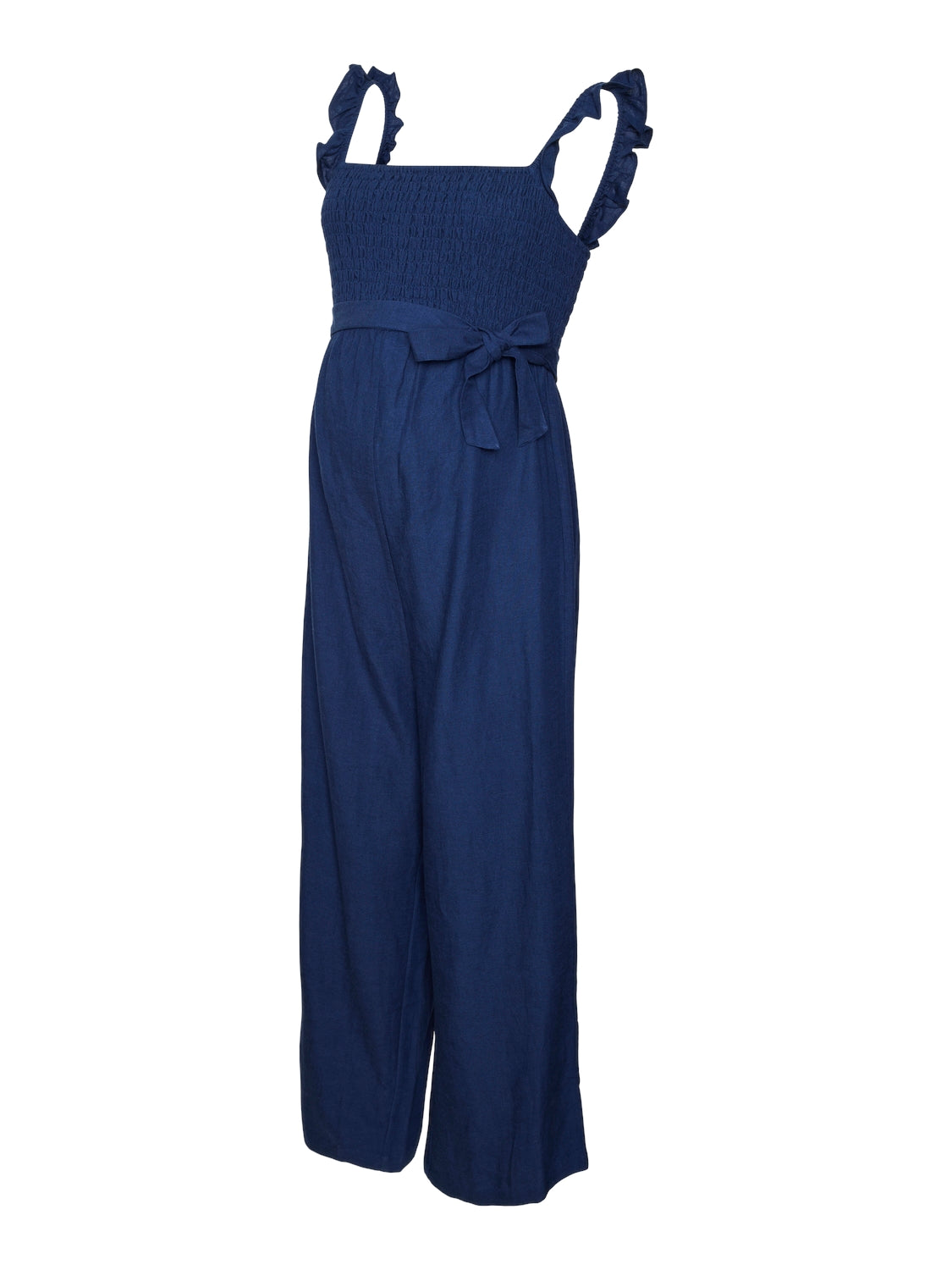 Freigestelltes Bild eines Mamalicious Jumpsuit zum mieten oder kaufen bei Mutterkleid. Leinen Viskose Mix blau ohne Arm mit gerüschten Trägern und abnehmbaren Bindegürtel weites langes Bein