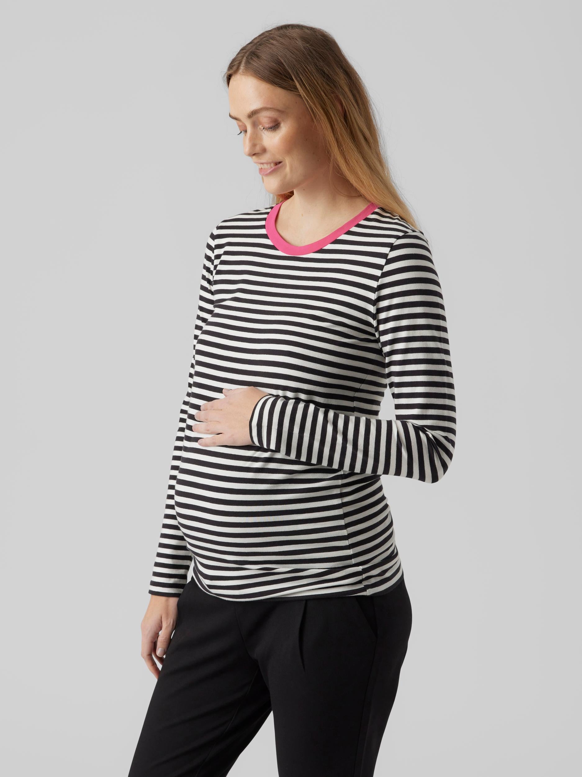 Mamalicious Langarmshirt Umstandsmode mieten und online kaufen bei Mutterkleid mit nachhaltiger Bio-Baumwolle gestreift schwarz/weiß für die gesamte Schwangerschaft