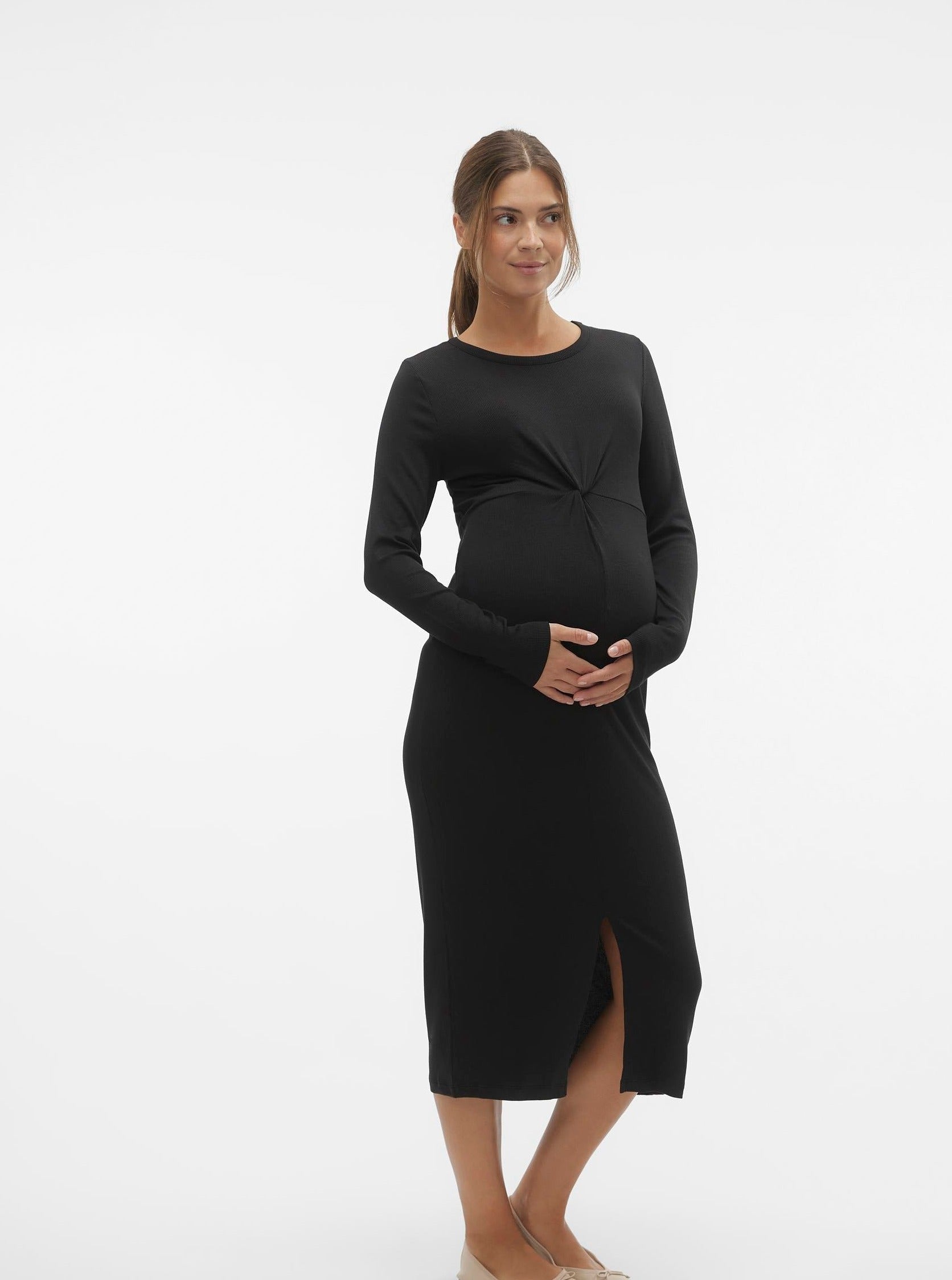 Mamalicious Langarm Umstandskleid kaufen und mieten bei Mutterkleid aus schwarzem geripptem Tencel Modal