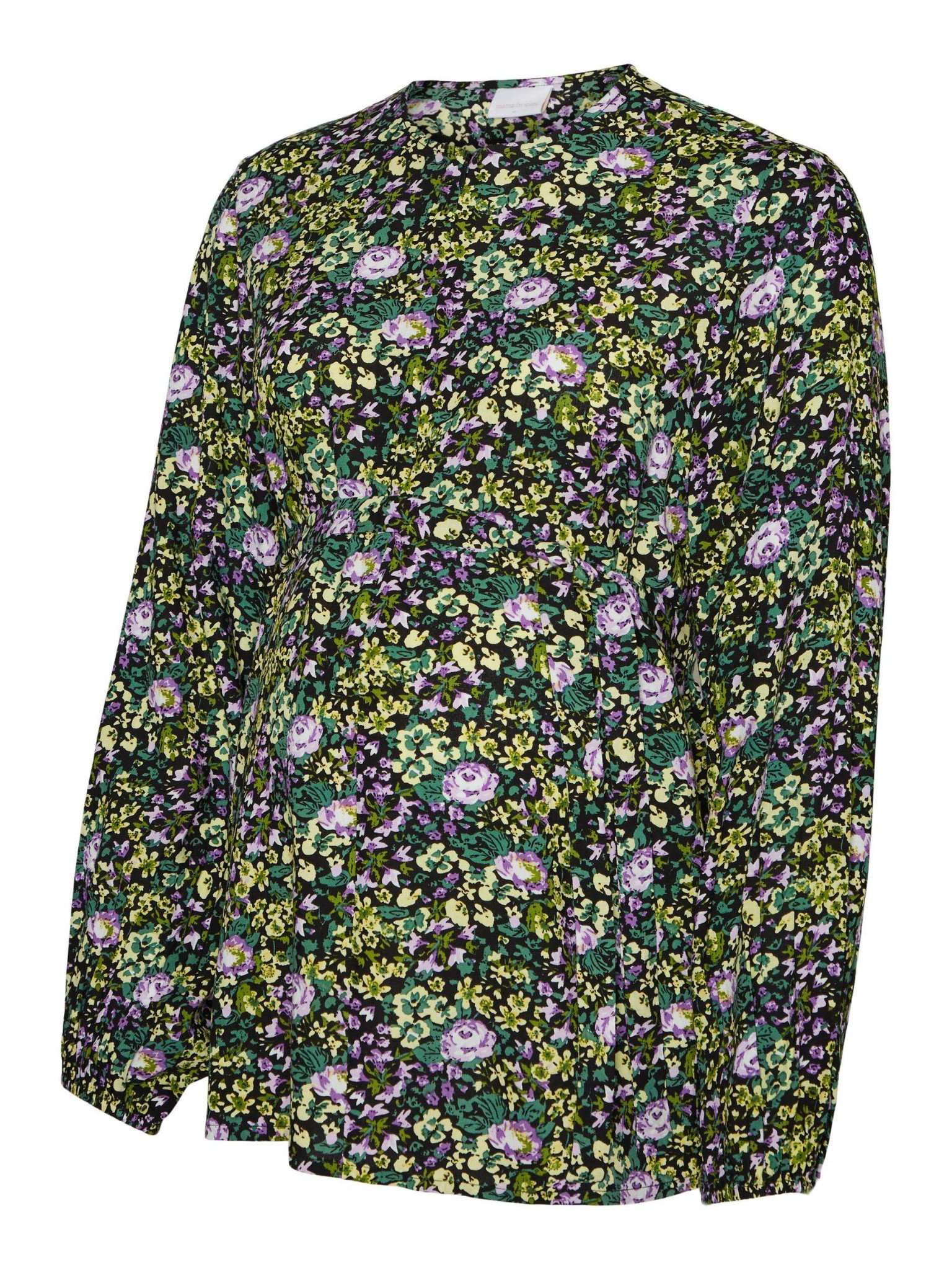 Freisteller der Mamalicious Stillbluse und Umstandsbluse online kaufen und mieten bei Mutterkleid, Allover-Print Blumen auf schwarzer nachhaltiger Ecovero Viskose, langer Arm, abnehmbares Taillenband, Rundhalsausschnitt