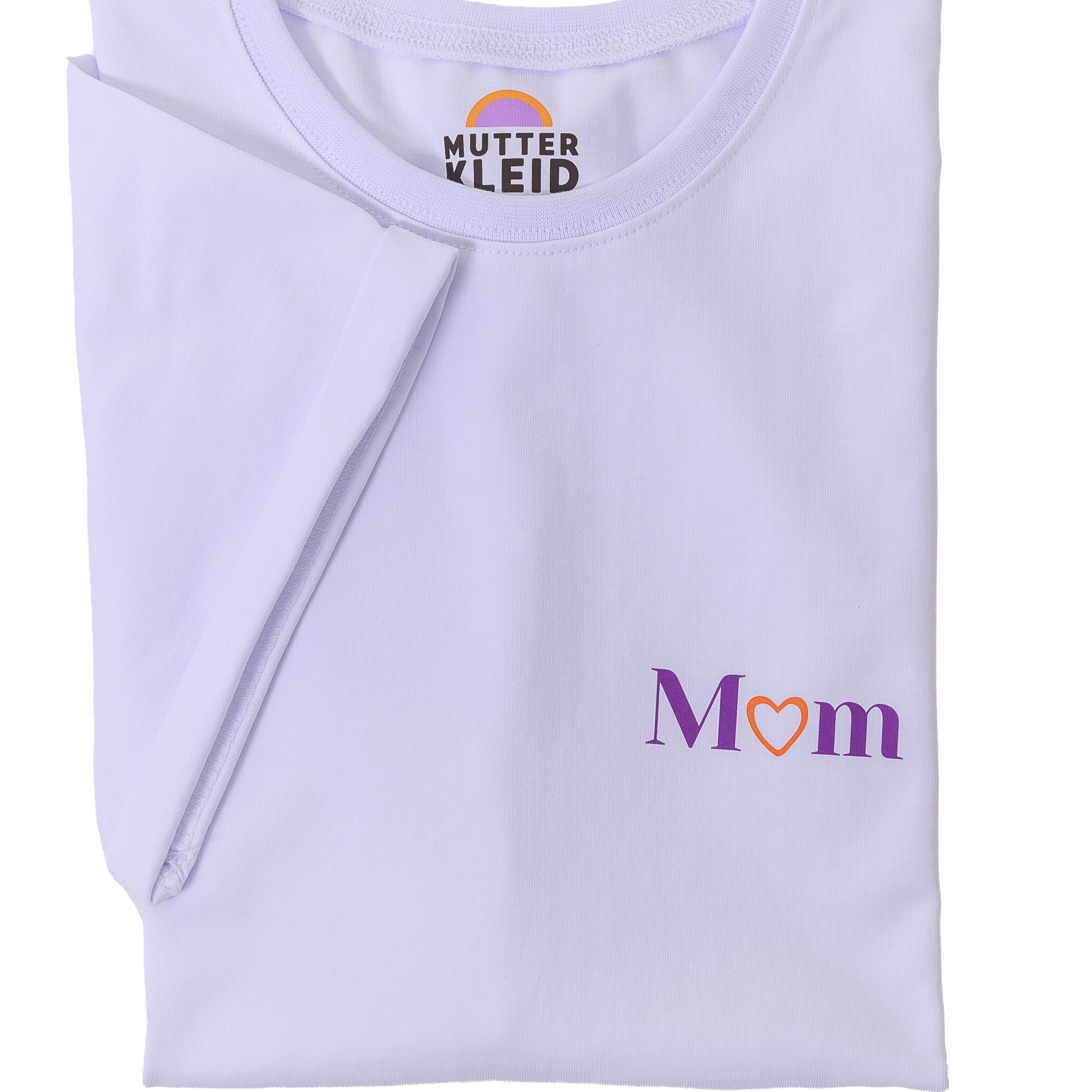Nahaufnahme mit Mom Printmotiv in lila-orange und Umschlagärmeln am Umstands- und Stillshirt von Mutterkleid