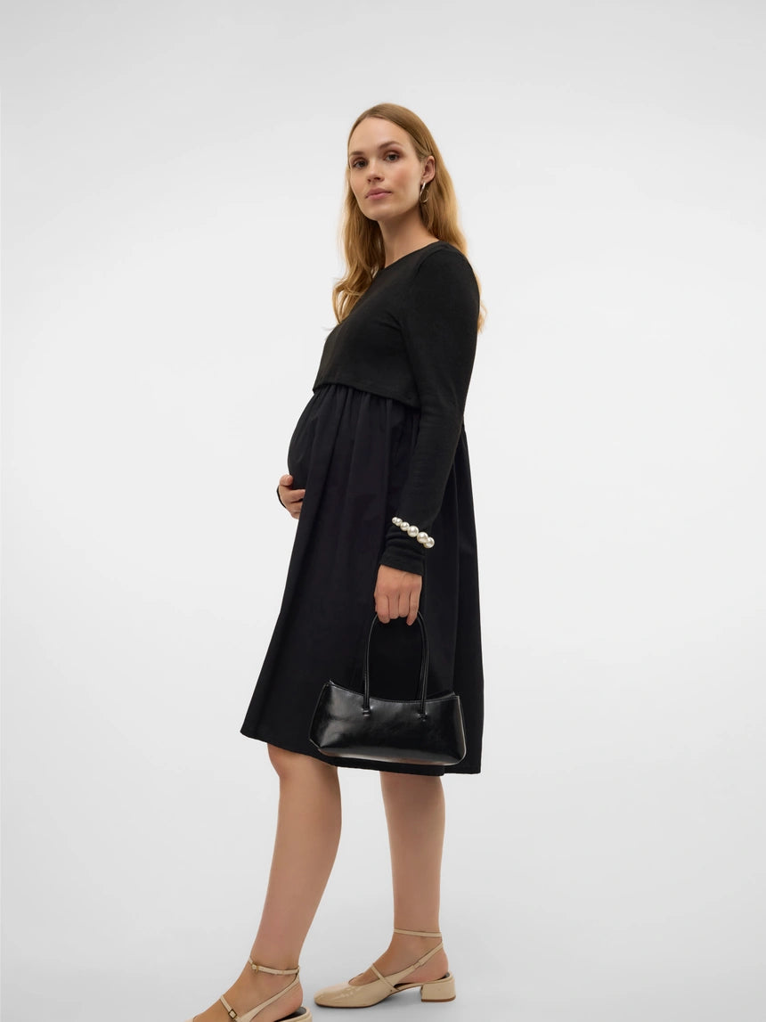 Schwarzes Umstandskleid midilang mit Stehkragen, bei Mutterkleid kaufen oder mieten