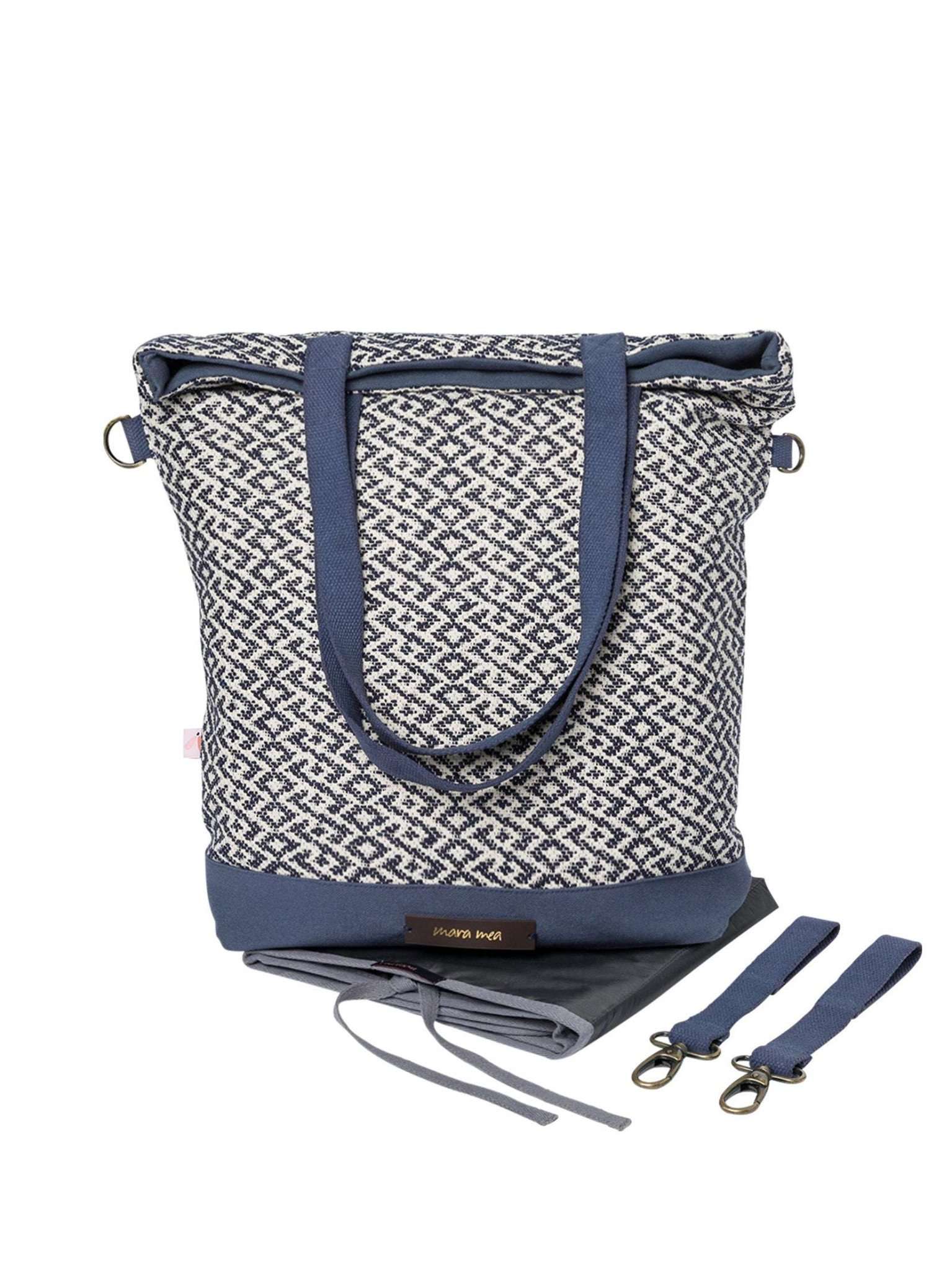 mara mea Wickeltasche online kaufen bei Mutterkleid, blau/weiß gemustert, Clips für die Befestigung am Kinderwagen, mit Wickelunterlage, Reißverschluss am Hauptfach, Außenfach, großzügiges Fassungsvermögen