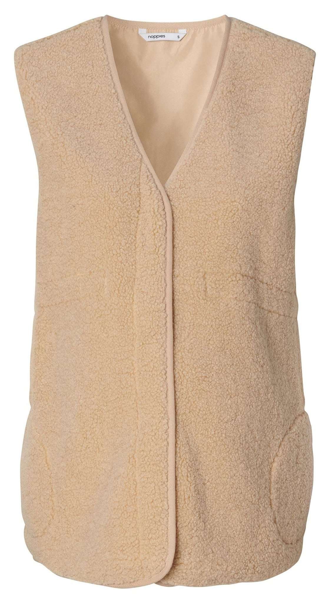 Noppies Teddy Umstandsweste in Beige mit durchgängigen Druckknöpfen in der Frontalansicht. Bei Mutterkleid kaufen oder mieten.