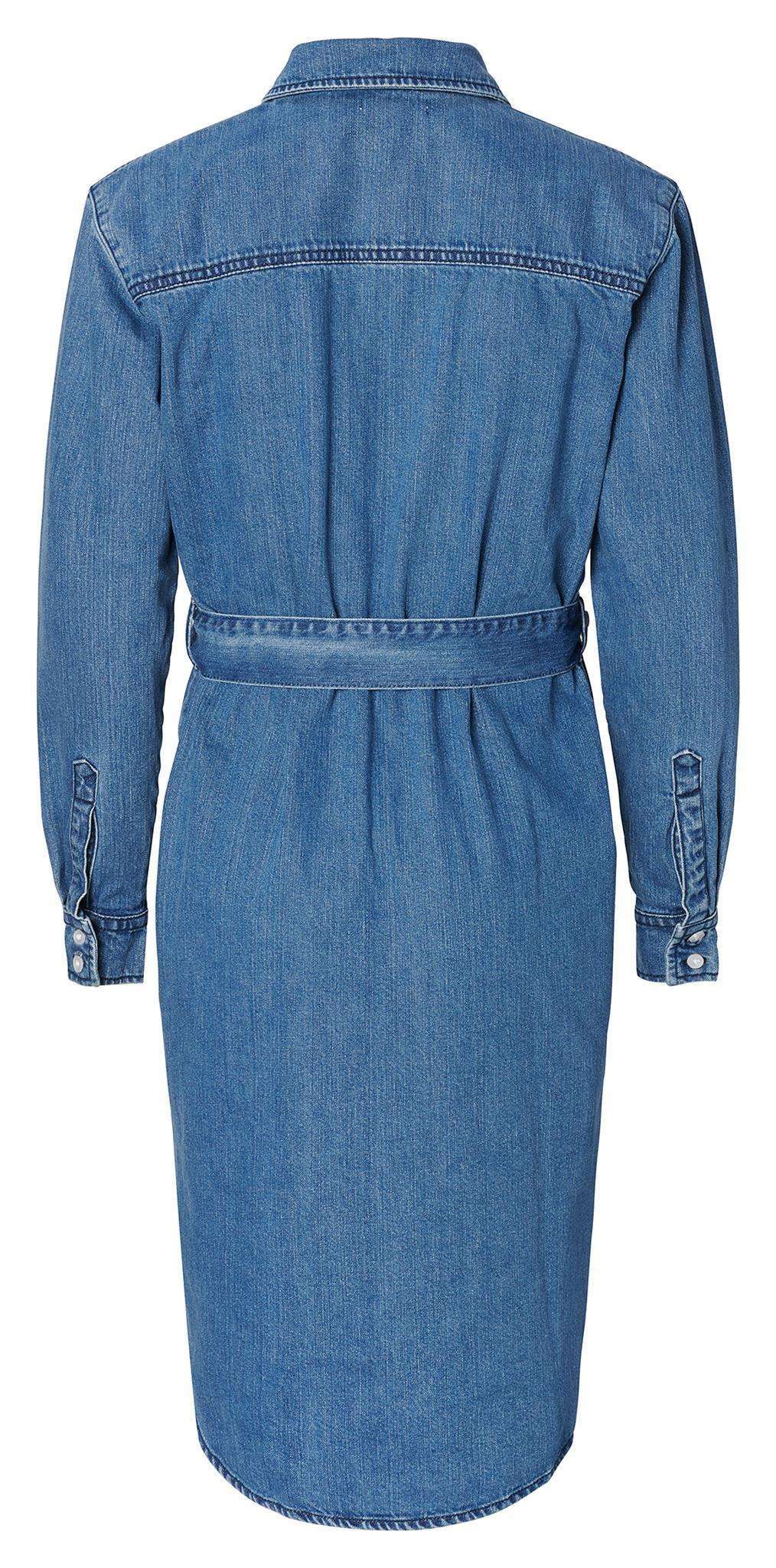 Freisteller von einem Jeans Umstandskleid von hinten in blau mit Hemdkragen, Bindegürtel, langem Arm und Quernaht über den Schultern. Bei Mutterkleid kaufen oder günstig mieten