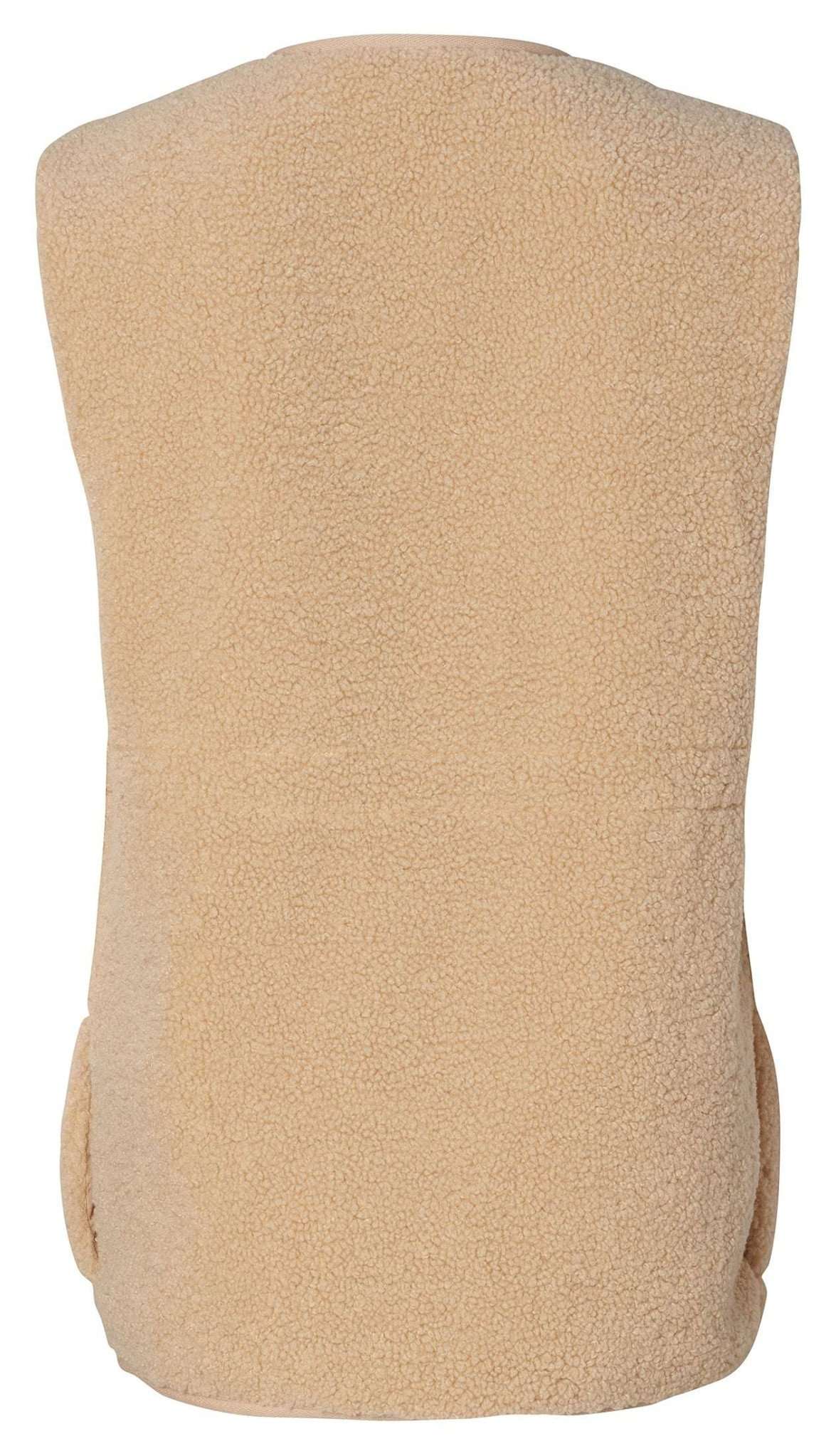 Rückansicht einer Noppies Teddy Schwangerschaftsweste in beige mit seitlichen Eingriffstaschen. Bei Mutterkleid kaufen oder mieten.