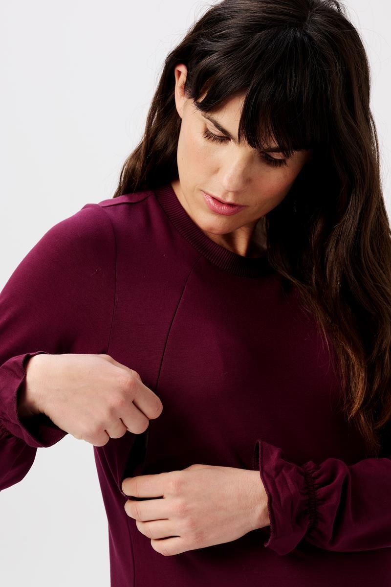 Im Mutterkleid Online Shop erhältlich ist dieses rote Umstandskleid von Noppies mit Stillfunktion. Aus super bequemen Sweatstoff.
