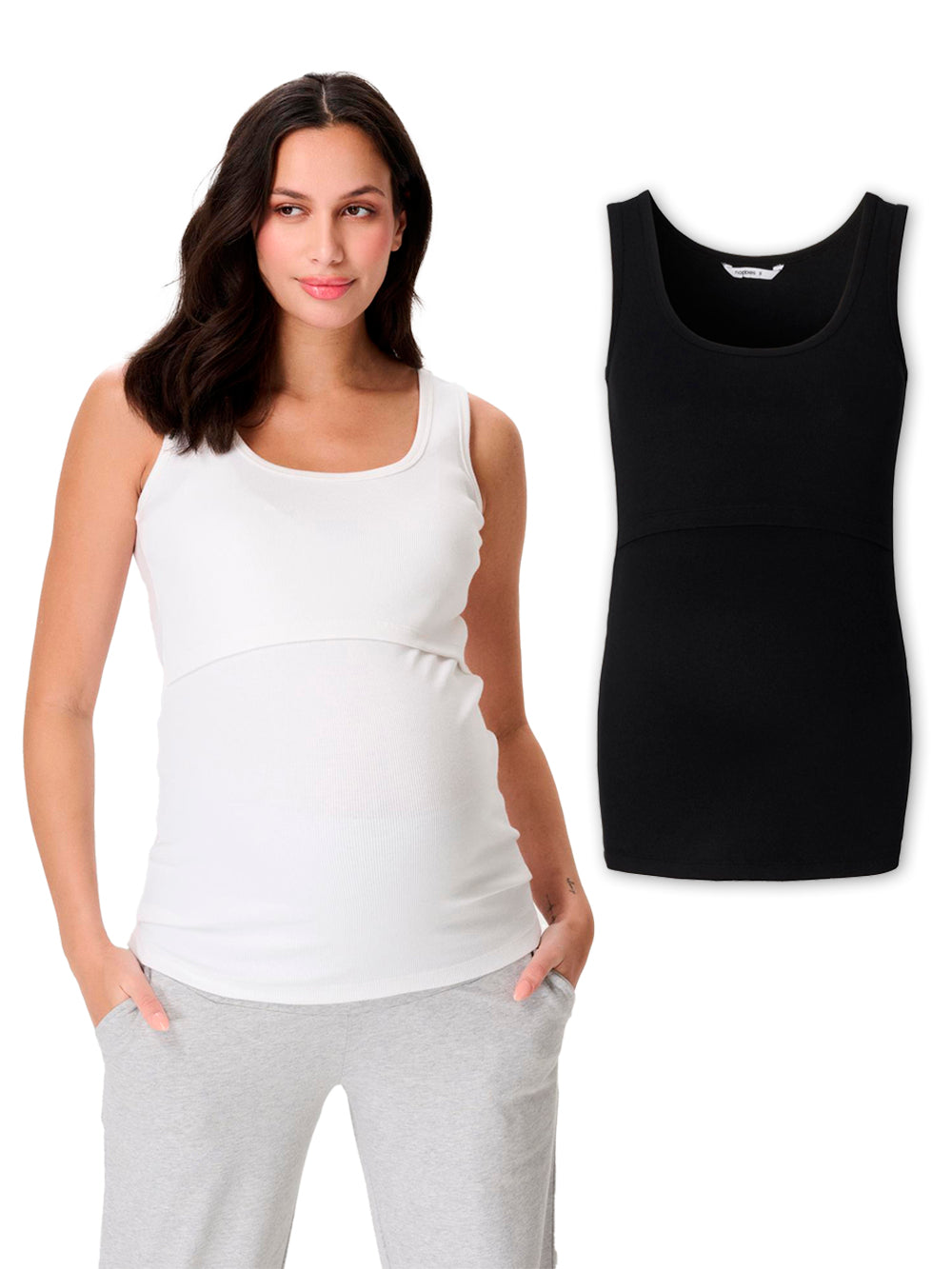 Modell mit Noppies Ripp Tanktop weiß für Schwangerschaft und Stillen