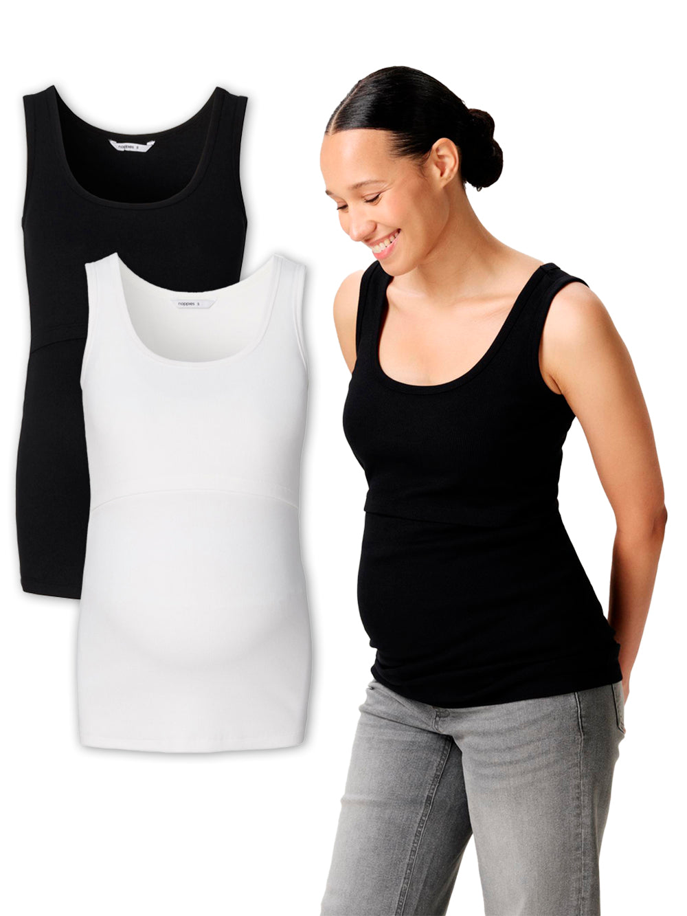Modell mit Tanktop für Schwangerschaft und das Stillen schwarz von Noppies. Tankop Set weißes und schwarzes Top