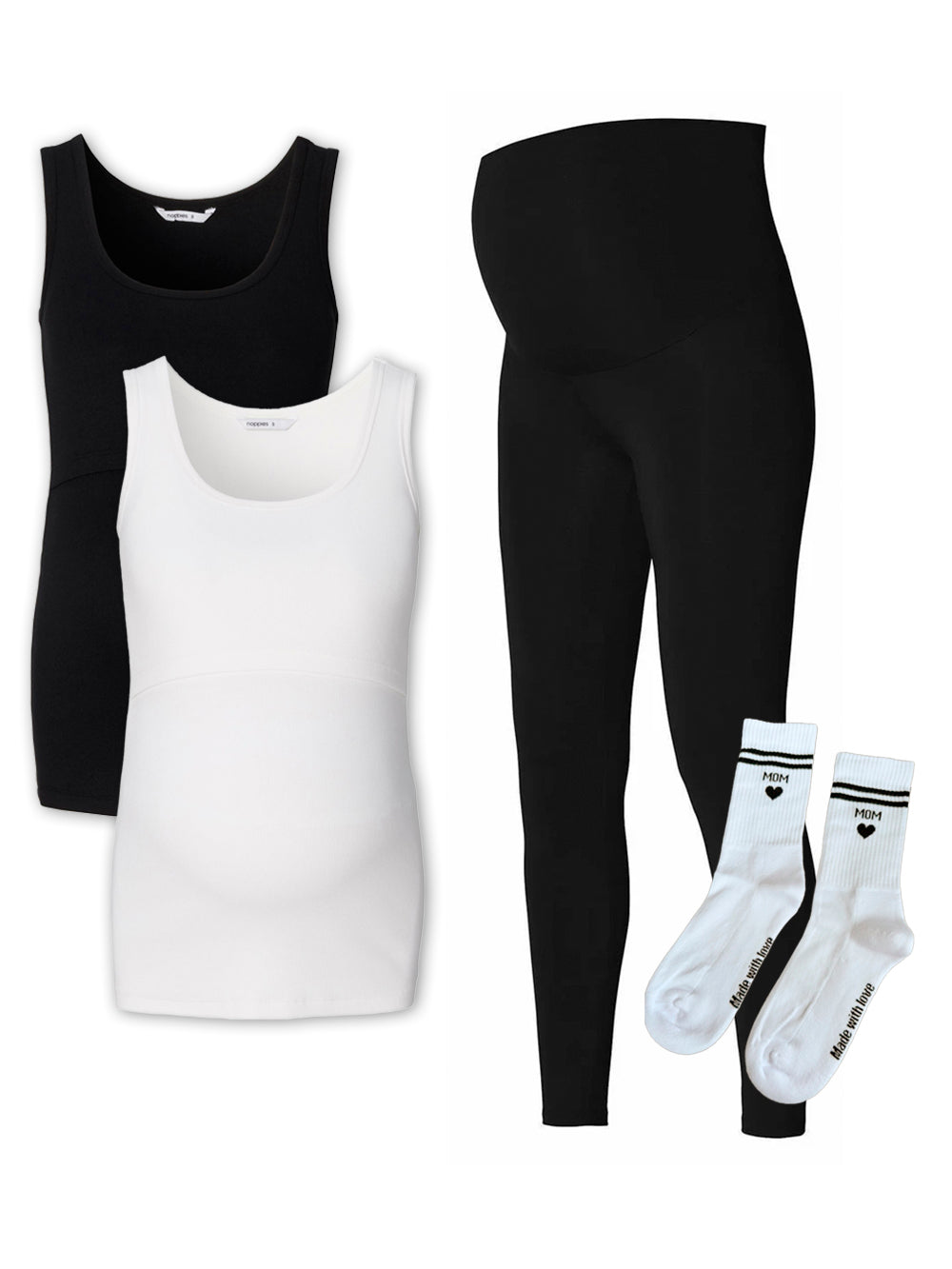 Umstandsmode Set aus Ripp Tanktop schwarz und weiß, Umstandsleggings schwarz, Mom Socken