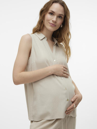 Vero Moda Maternity Umstandsbluse mieten und kaufen bei Mutterkleid ohne Arm beige im Leinen-Viskosemix