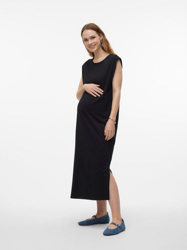 Vero Moda Maternity Schwangerschaftskleid leihen und kaufen bei Mutterkleid schwarz aus Baumwolle weiche Haptik gerader Schnitt lockerer Sitz Rundhalsausschnitt mit Gehschlitzen in Wadenlänge