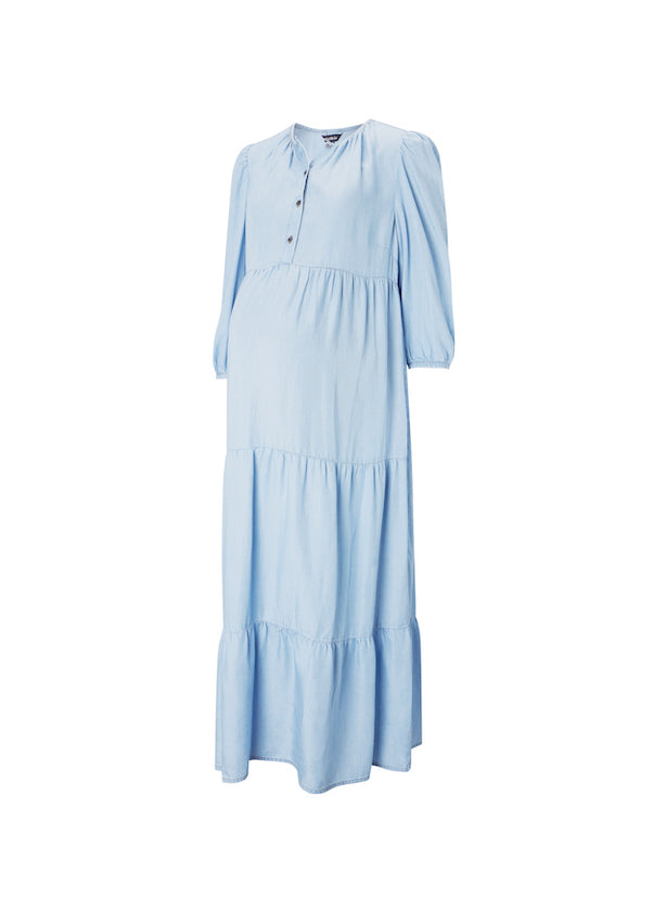 Umstandskleid Lenzing™-Tencel™ hellblau mit Stufenvolants und halblangem Arm von Isabella Oliver mit stillfreundlichen Knöpfen am Oberteil bei Mutterkleid online kaufen oder mieten