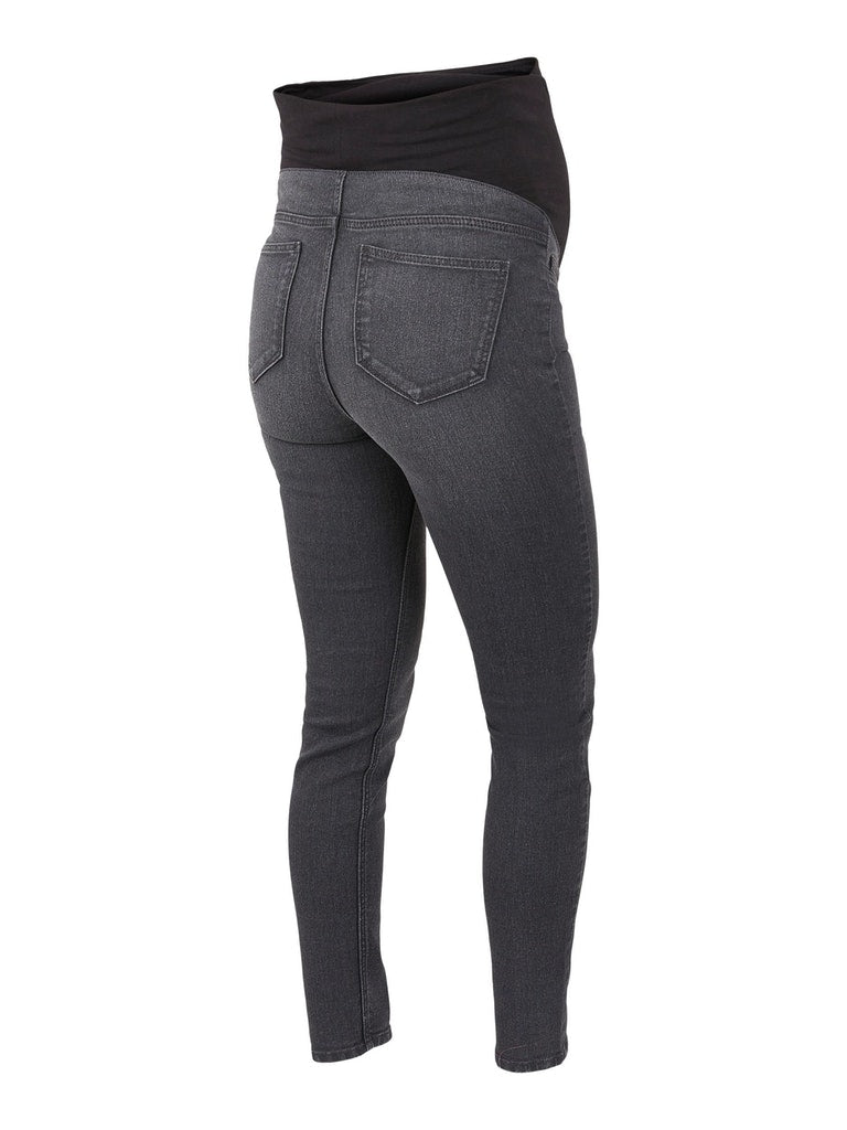 Mutterkleid Skinny Umstandsjeans grau von Mamalicious mit elastischem Bauchband für die Schwangerschaft online kaufen oder mieten