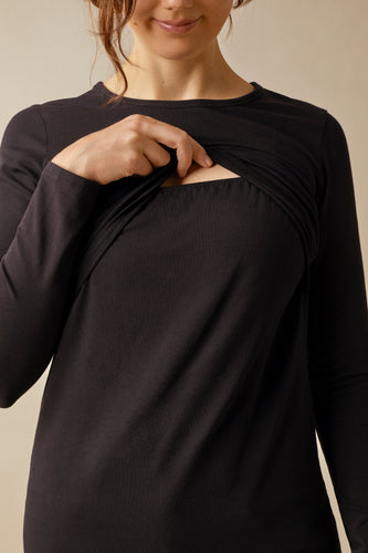 Boob Umstandsshirt mieten bei Mutterkleid, schwarz, mit Stillöffnung für die Zeit nach der Schwangerschaft, langer Arm