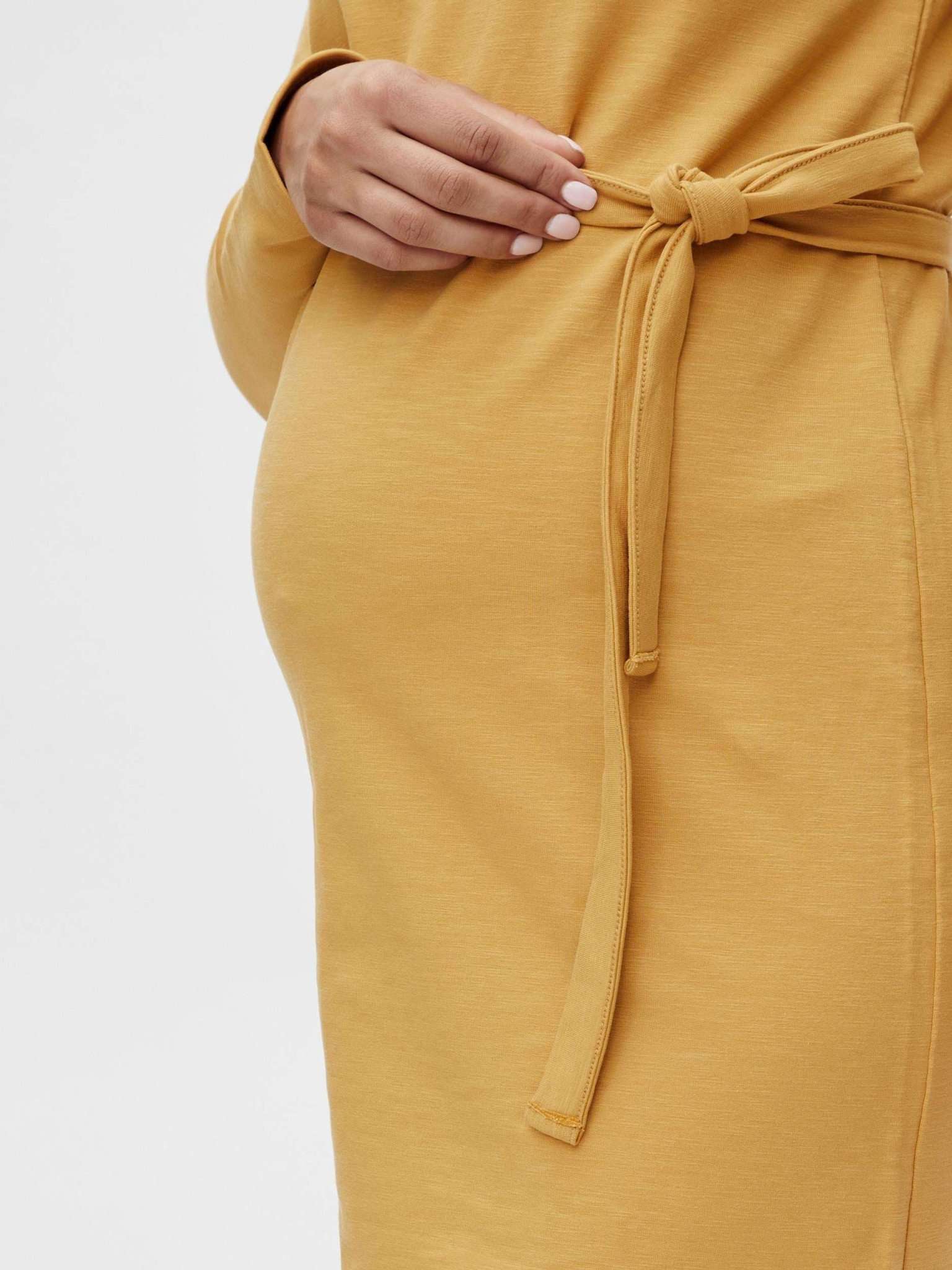 Mamalicious Umstandskleid online kaufen und mieten bei Mutterkleid im Sweatshirtlook, senfgelb, mit Bio-Baumwolle und Bindegürtel über dem Babybauch zum Abnehmen