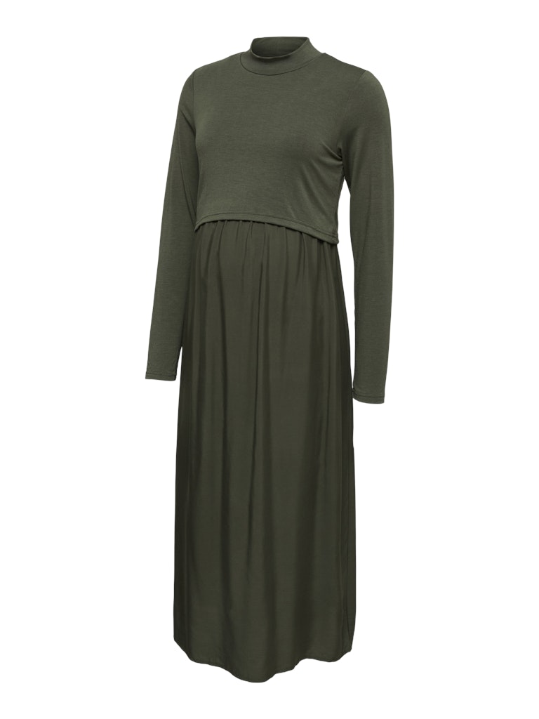 Olivgrünes Umstands- und Stillkleid mit Stehkragen freigestellt