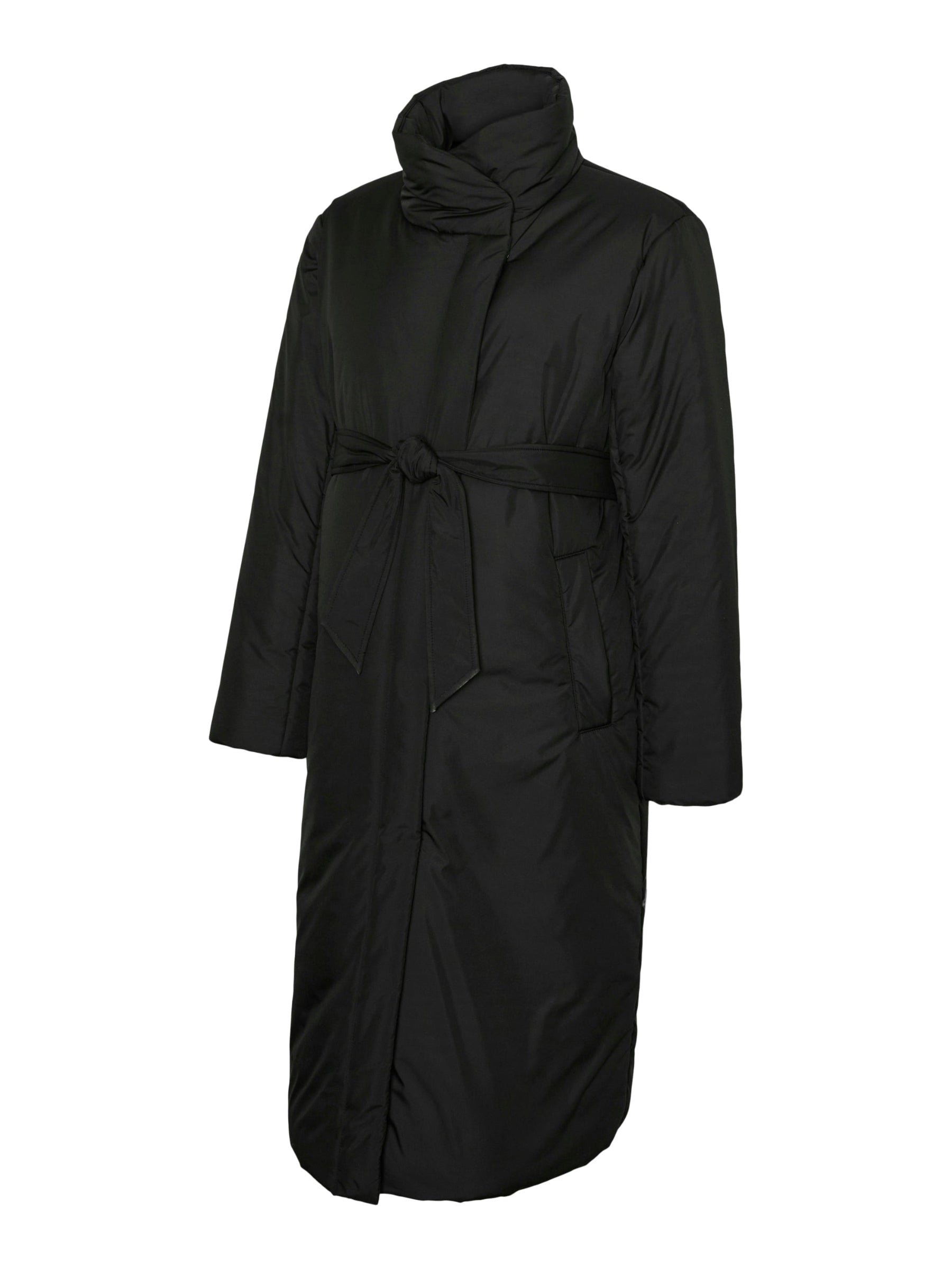 Seitliche Ansicht eleganter Umstandsmantel kaufen oder mieten bei Mutterkleid - bequeme Passform über Babybauch mit Bindegürtel