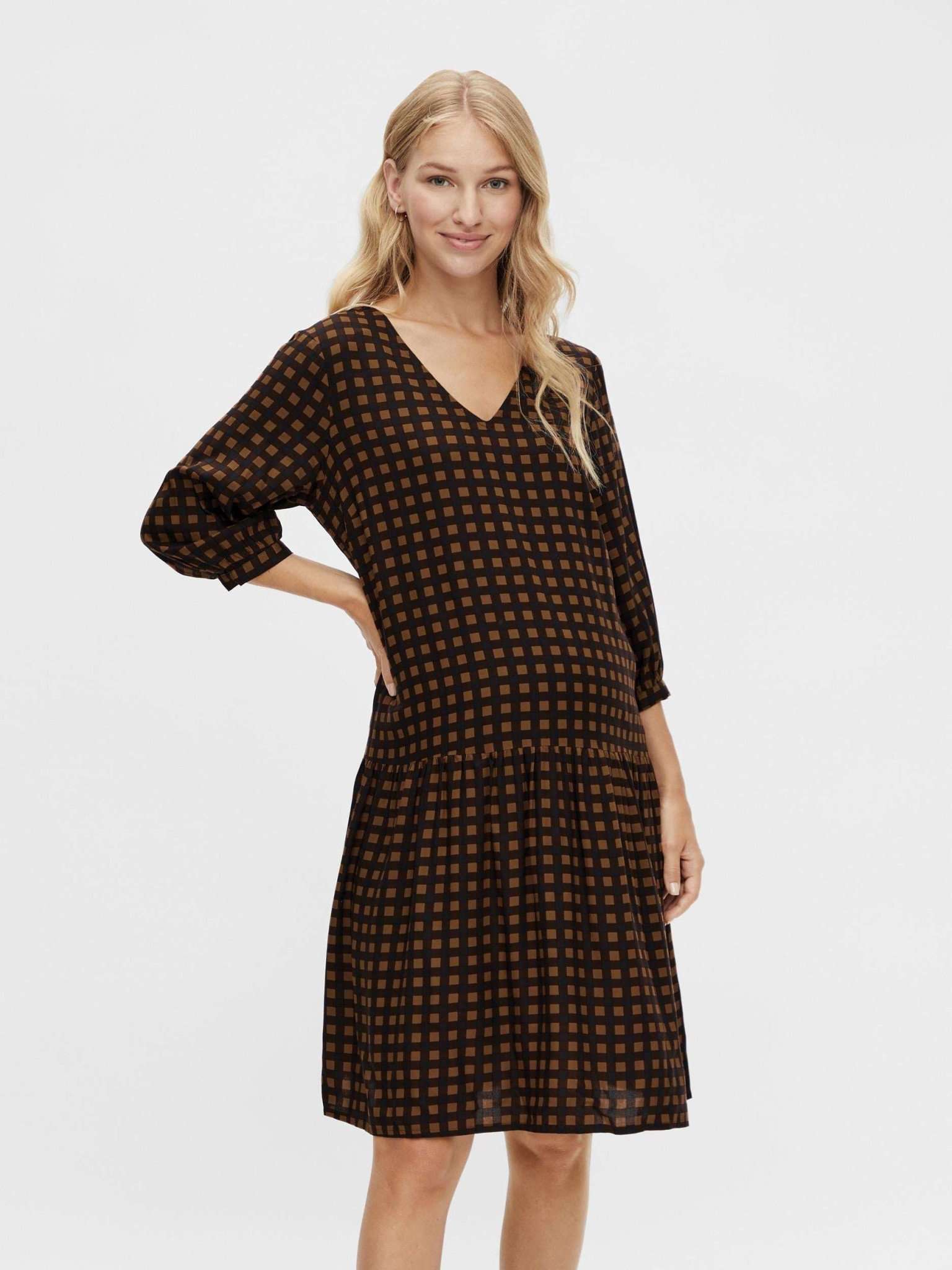 Mutterkleid Mamalicious Umstandskleid Karomuster schwarzbraun nachhaltiger Viskose mieten oder kaufen