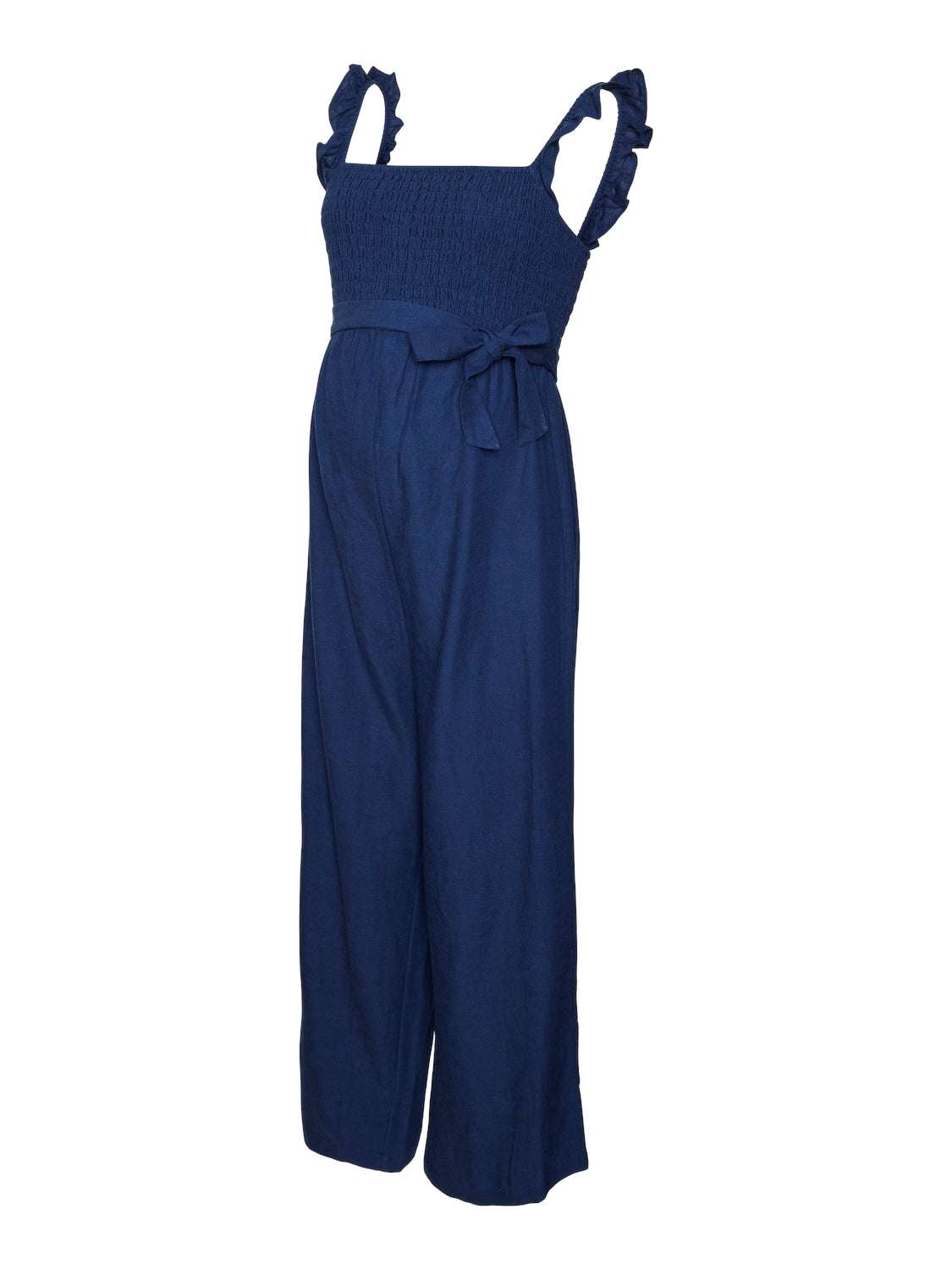 Mamalicious Jumpsuit mieten oder kaufen bei Mutterkleid. Leinen Viskose Mix blau ohne Arm mit gerüschten Trägern und abnehmbaren Bindegürtel weites langes Bein