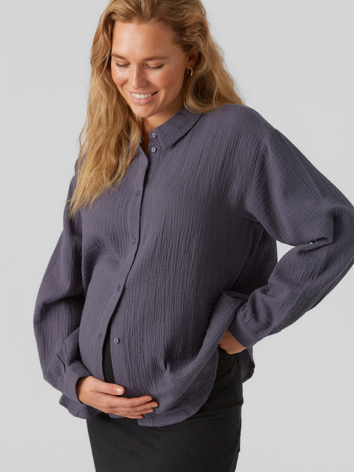Mamalicious Musselin Umstandsbluse mieten und online kaufen bei Mutterkleid dunkelblau langer Arm durchgängige Knopfleiste