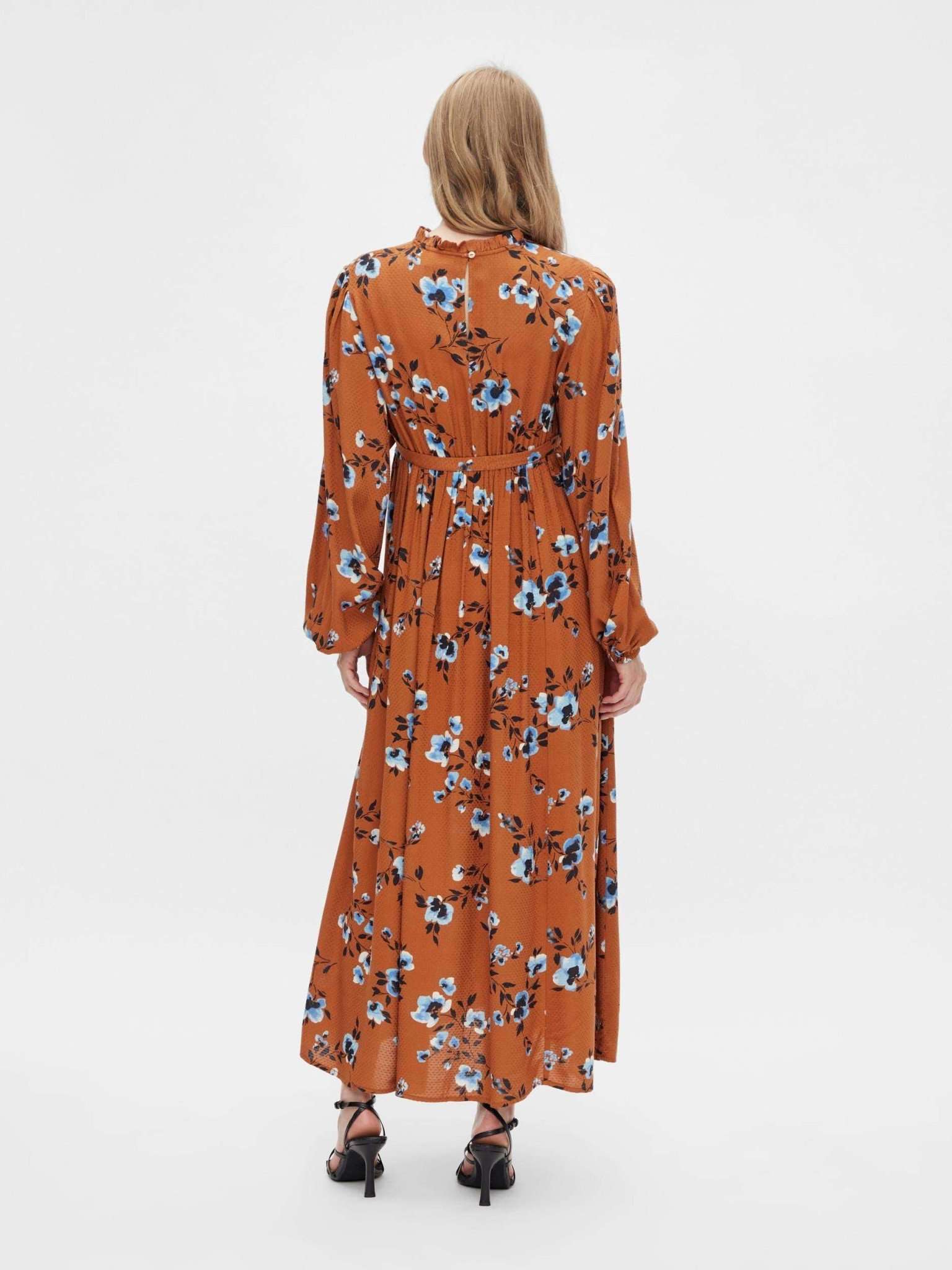 Mamalicious Maxi Umstandskleid online kaufen und mieten bei Mutterkleid XL-Blumenprint, aus fließender Viskose, mit Stehkragen und Schlitz mit Knopf am Rücken