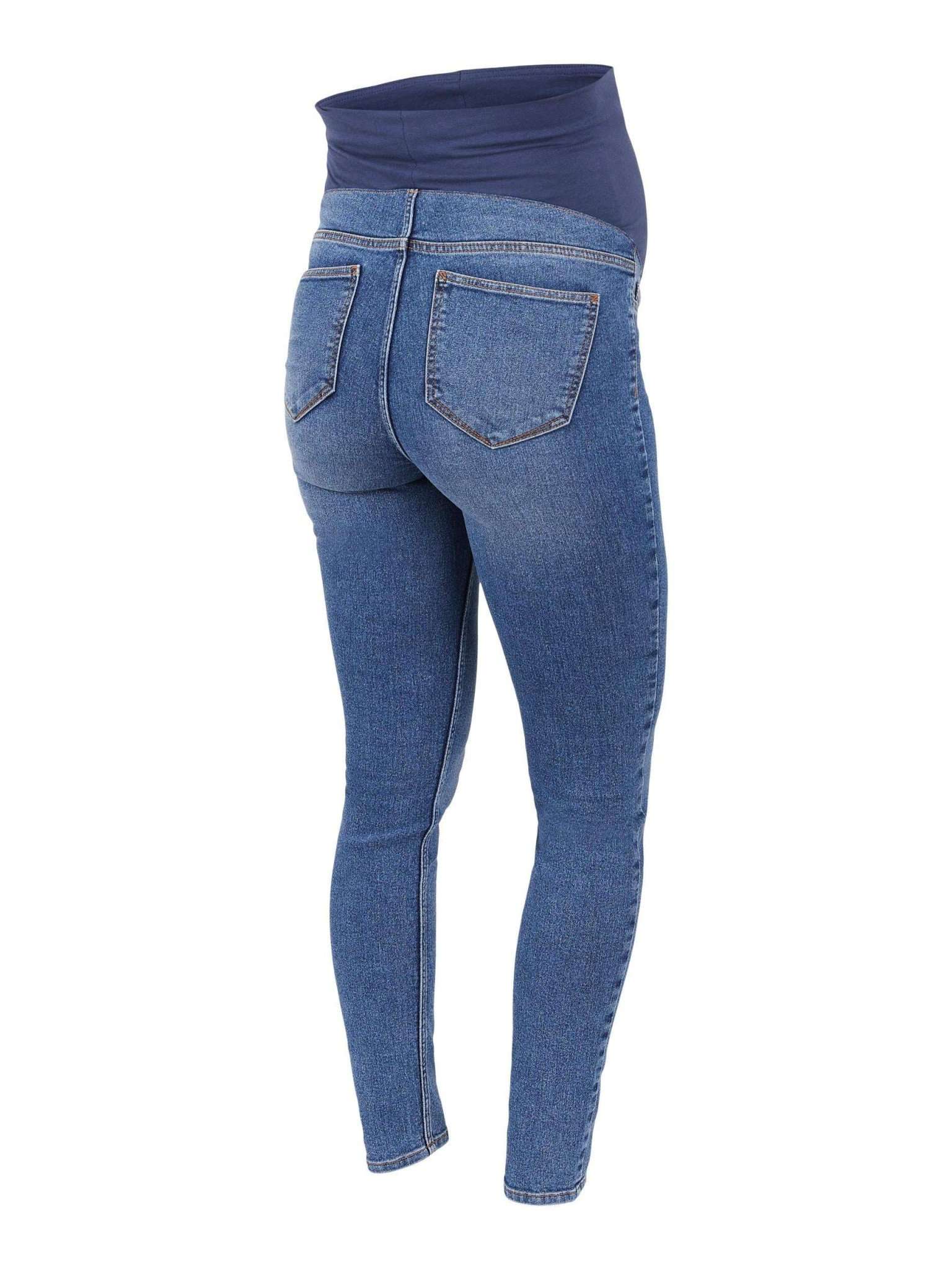 Mamalicious Mama Umstandsjeans im Skinny Fit gewaschen in blau mit echten Taschen hinten und dehnbarem Bauchband für die gesamte Schwangerschaft online kaufen oder mieten bei Mutterkleid