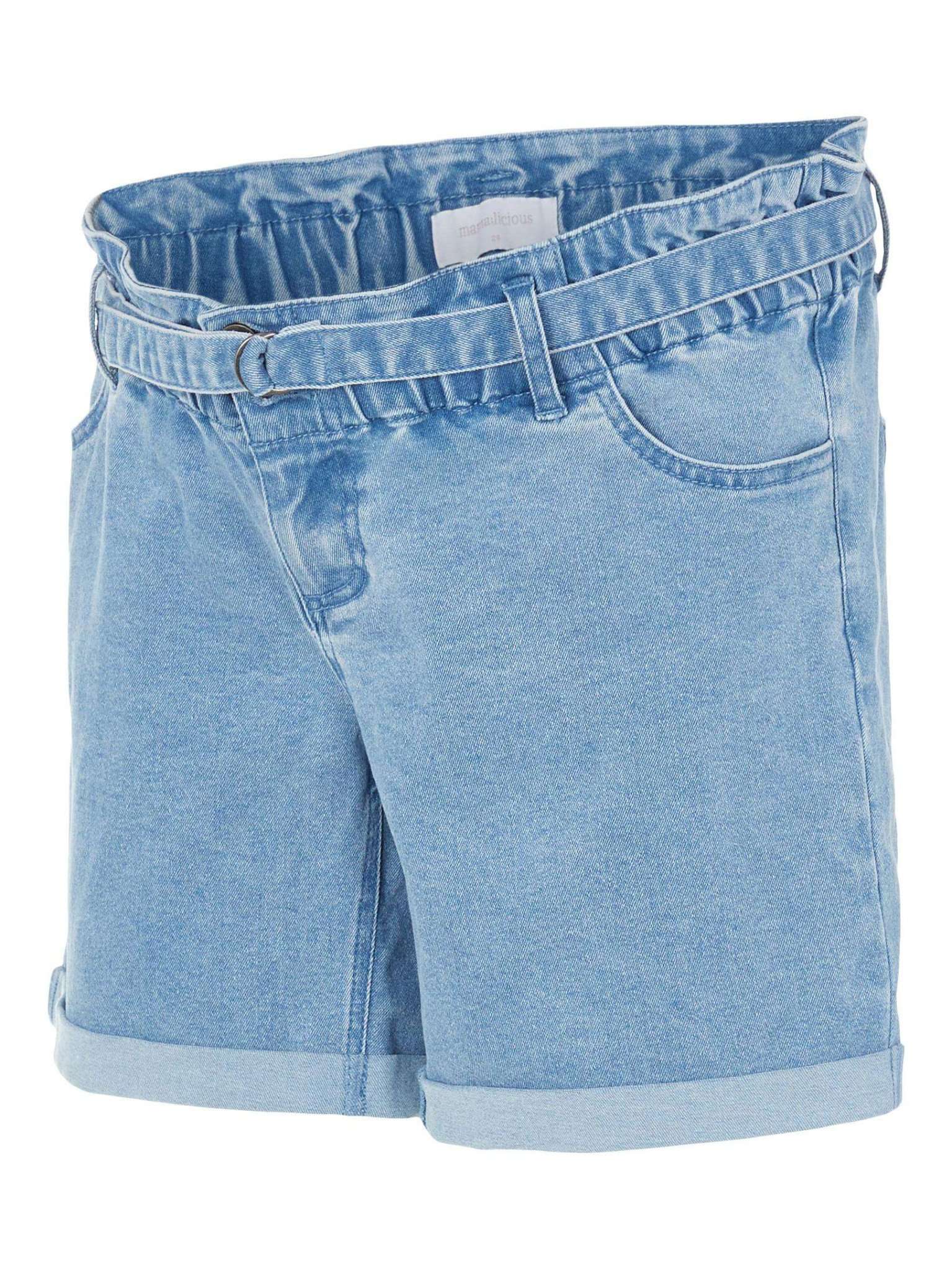 Jeans-Umstandsshorts blau von Mamalicious mit elastischem Gummibund, Gürtel in Jeansoptik und Eingrifftaschen bei Mutterkleid mieten oder online kaufen