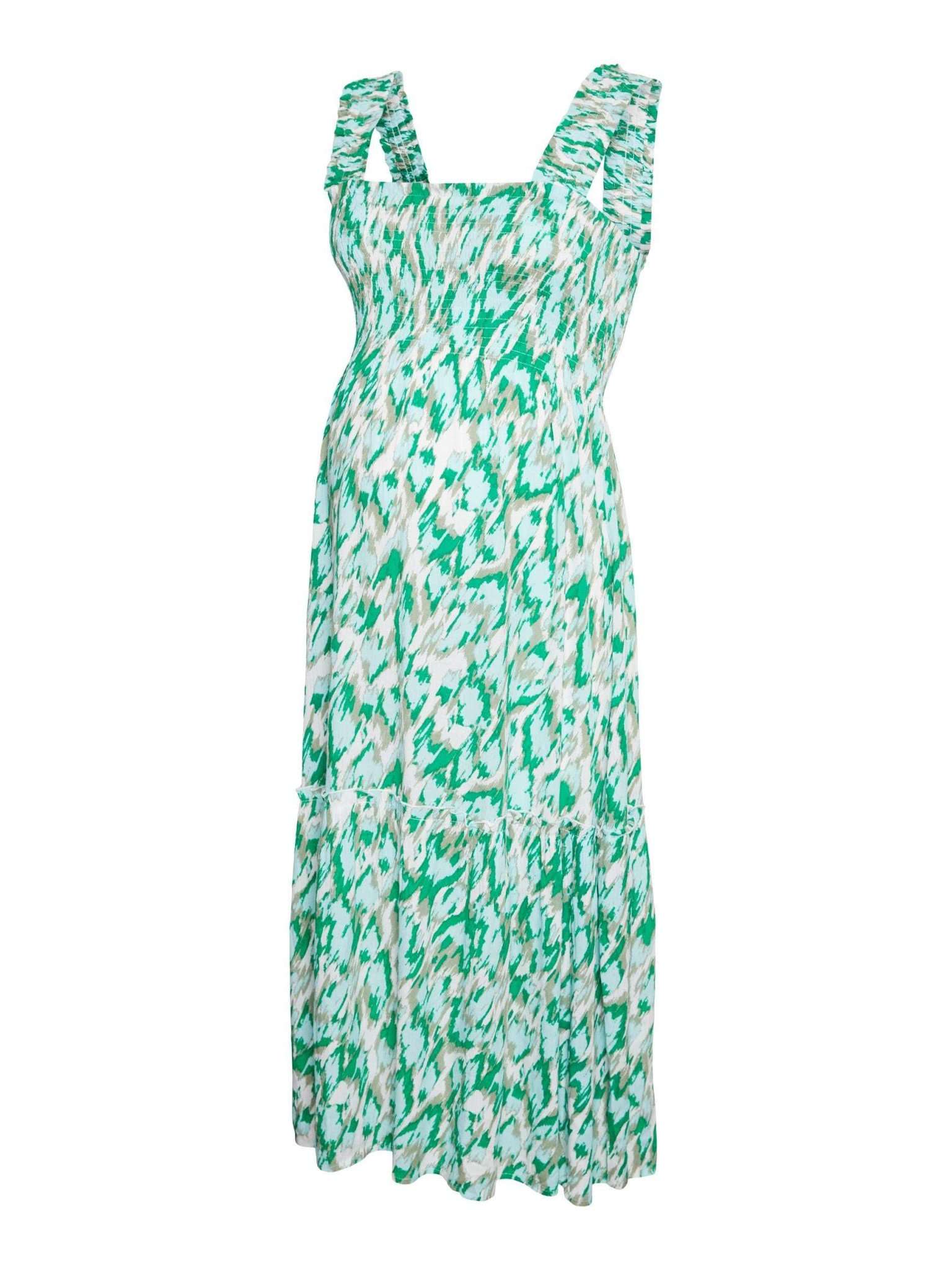 Vero Moda Maternity Umstandskleid online kaufen und mieten bei Mutterkleid Freizeitkleid grün Allover Print Hängerchen breite Träger aus nachhaltiger Viskose mit Volantsaum wadenlang