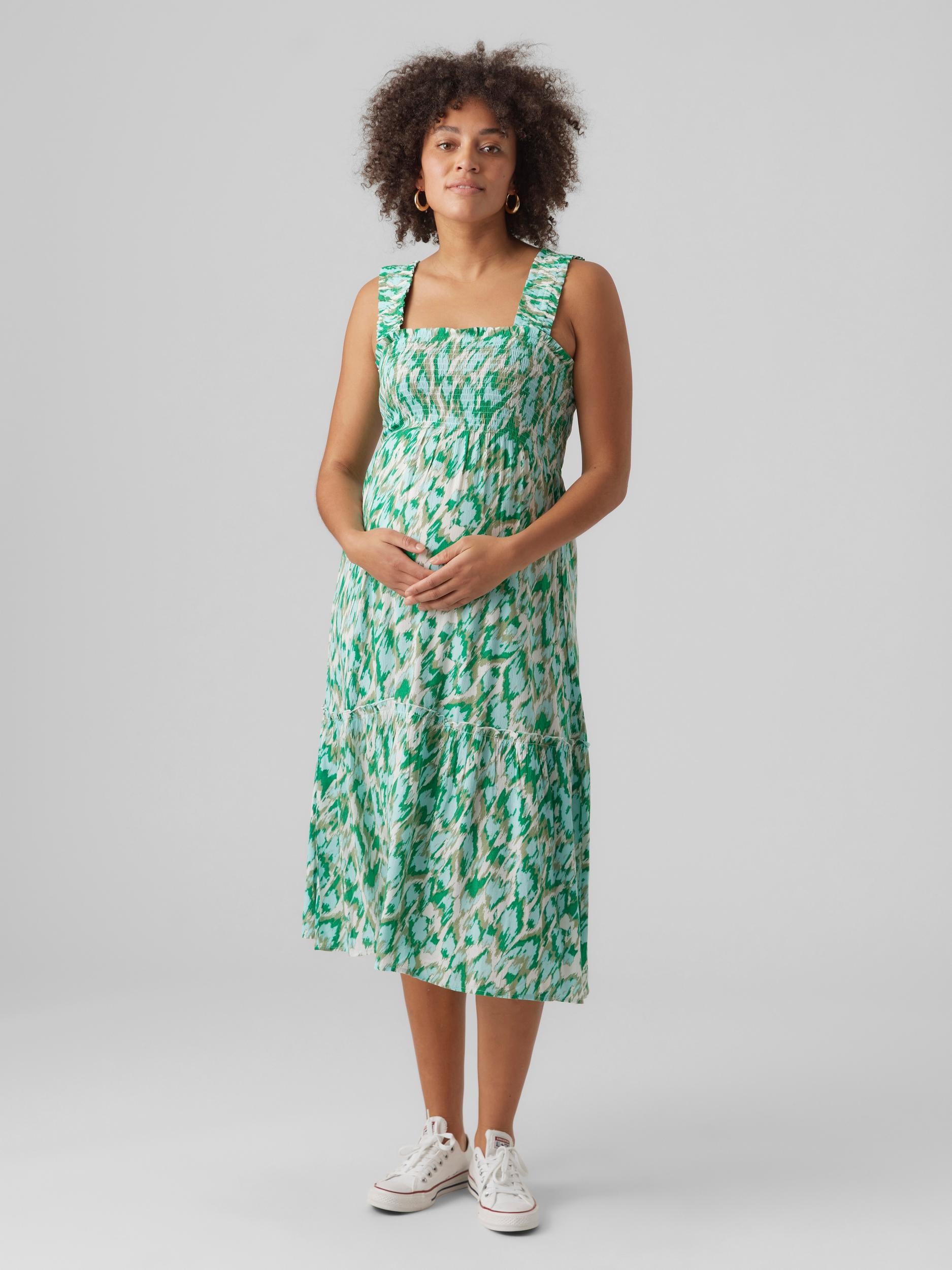 Vero Moda Maternity Umstandskleid online kaufen und mieten bei Mutterkleid Freizeitkleid grün Allover Print Hängerchen ärmellos mit Trapezausschnitt aus ECOVERO Viskose mit Volantsaum