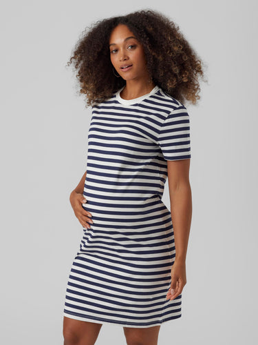 Vero Moda Maternity Jerseykleid online kaufen bei Mutterkleid gestreift Navy/off-white Knielänge kurzer Arm Rundhalsausschnitt 