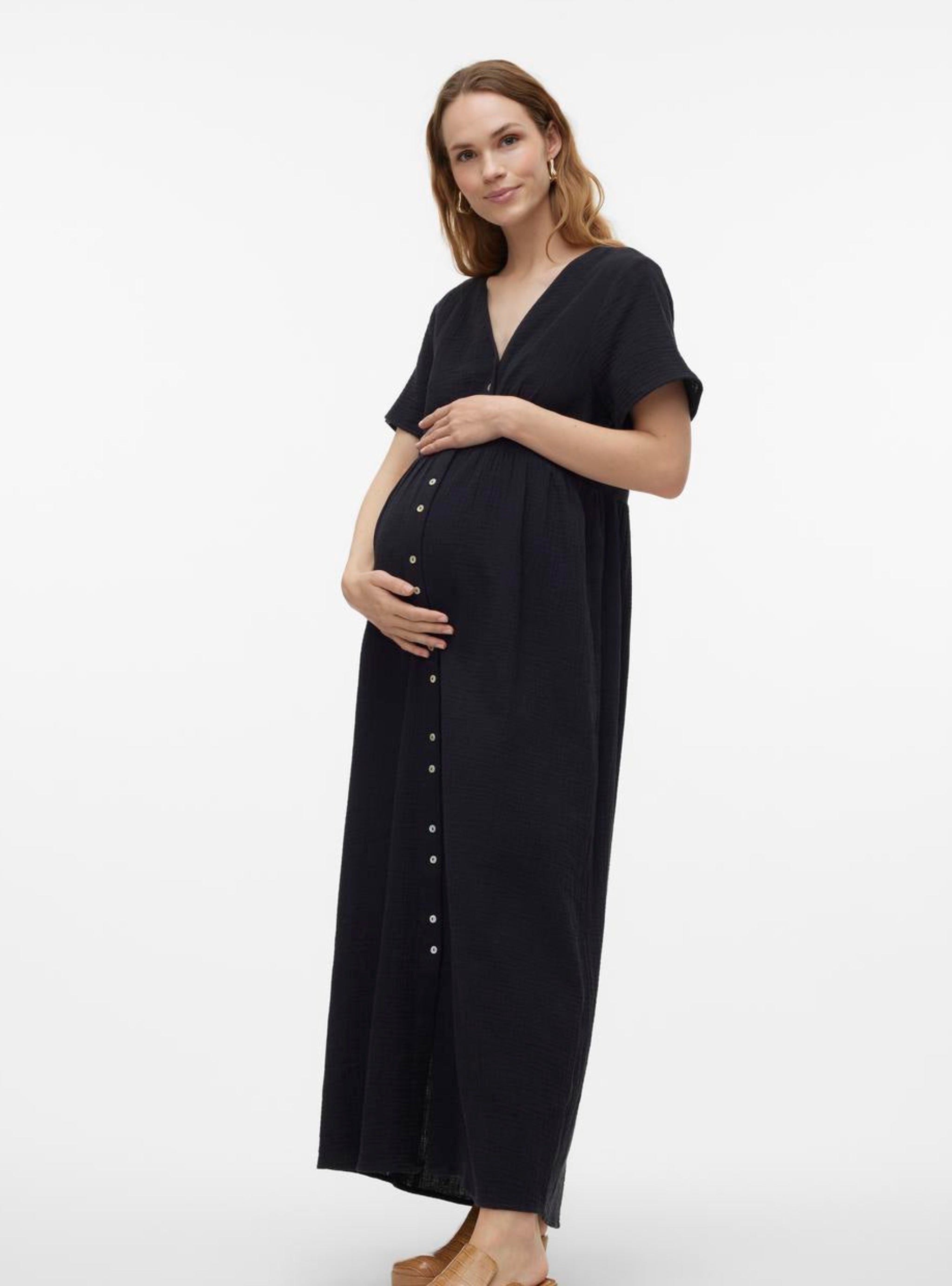 Vero Moda Maternity Musselin Baumwoll Umstandskleid leihen und online kaufen bei Mutterkleid mit Abnäher unter der Brust in schwarz