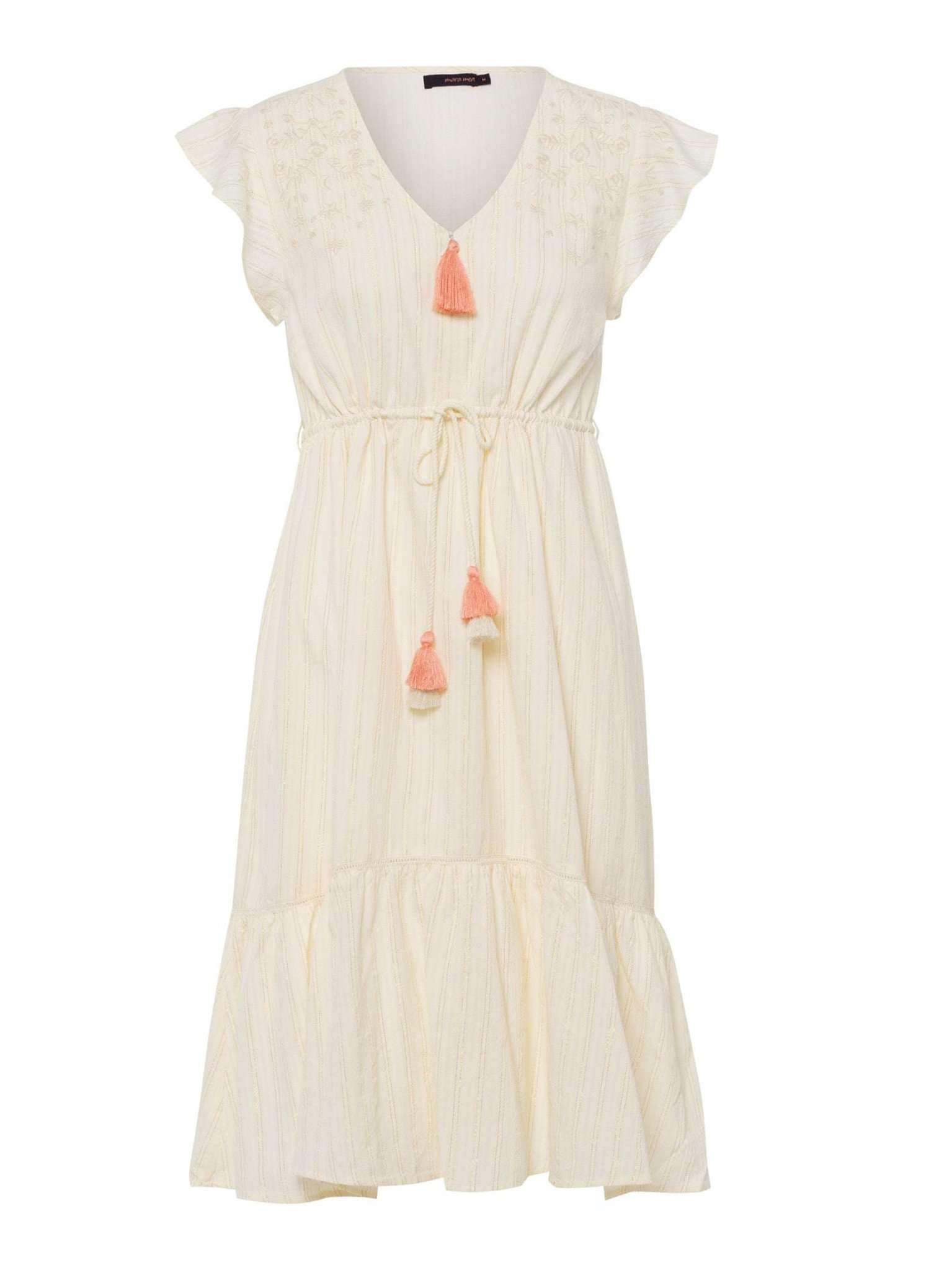 Freigestelltes Modell mara mea Sommer Umstandskleid online kaufen und mieten bei Mutterkleid, creme, stillfreundlich mit Reißverschluss, kurzen Ärmeln, Midilänge, Kordel zum Binden über dem Babybauch
