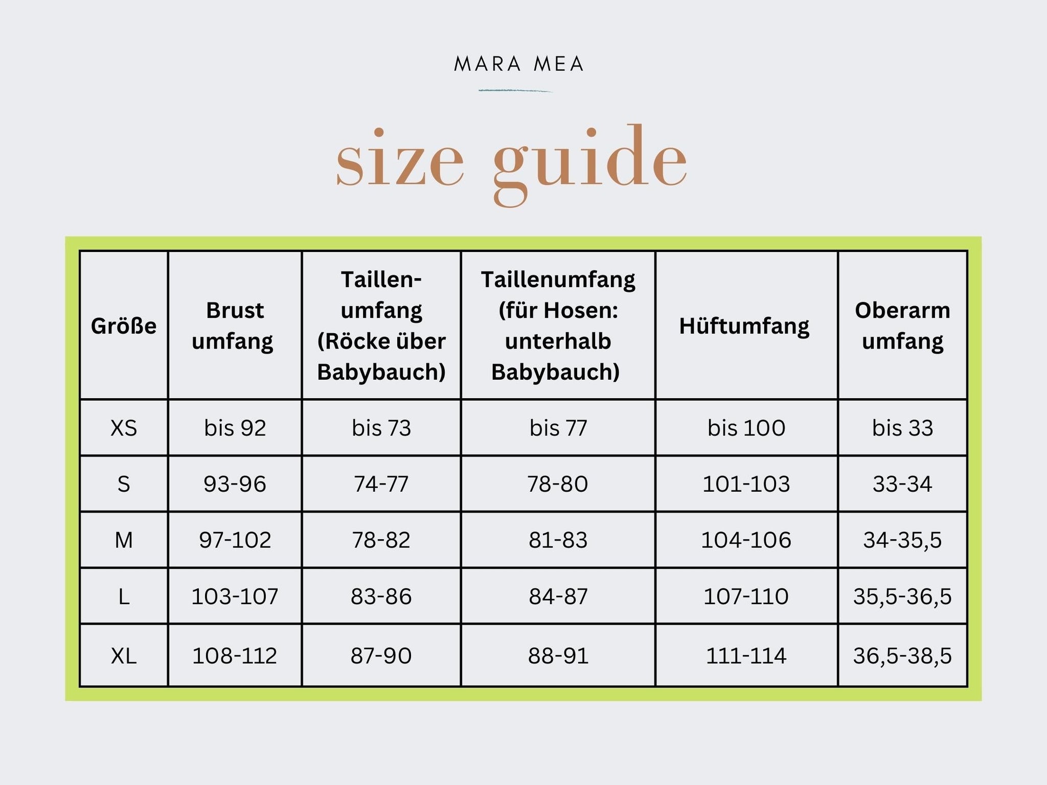 Mara Mea Size Guide, richtige Größe in der Schwangerschaft bei Mutterkleid finden