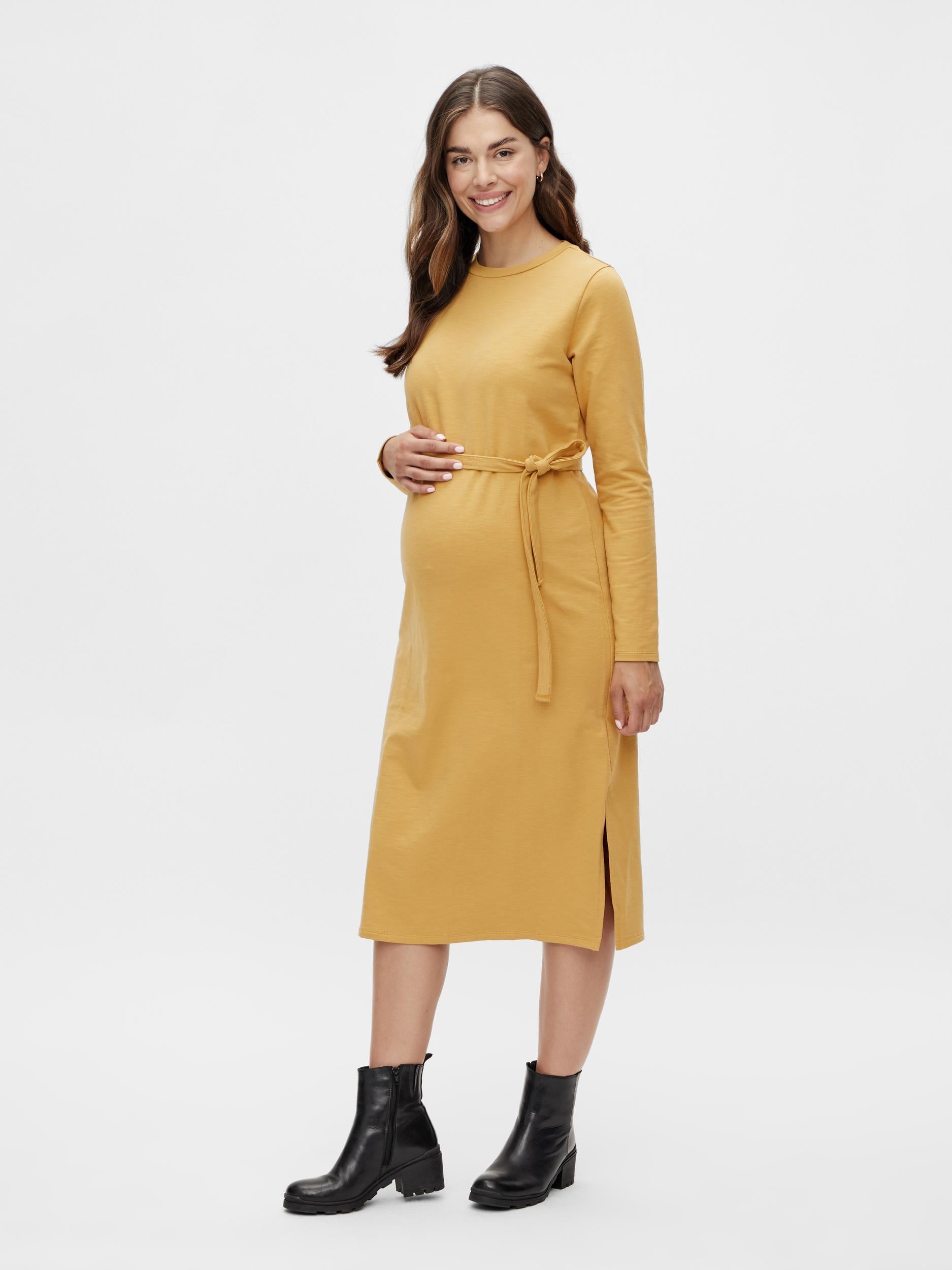 Mamalicious Sweater Umstandskleid online kaufen und leihen bei Mutterkleid in gelb, Bio-Baumwolle, langer Arm, gerader Schnitt,  chic und lässiges Umstandskleid für die Schwangerschaft