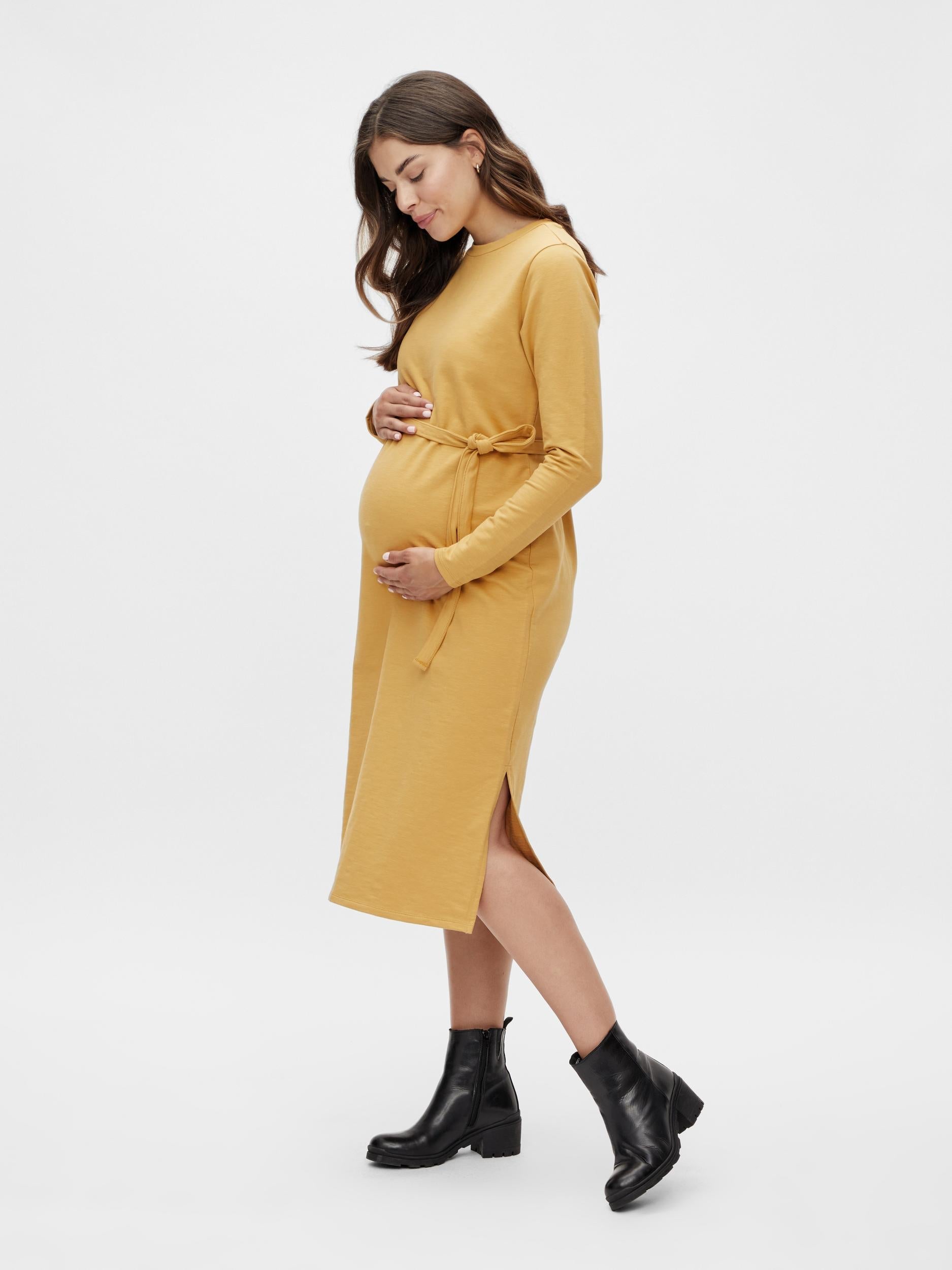 Mamalicious Umstandskleid online kaufen und leihen bei Mutterkleid, Midi Sweaterumstandskleid für die Schwangerschaft mit langem Arm, Saumschlitz an der Seite, gelb