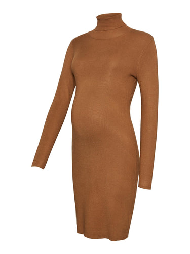 Mamalicious Umstandskleid online kaufen und mieten, Feinstrick, Rollkragen, Taillenband, caramel, langer Arm 