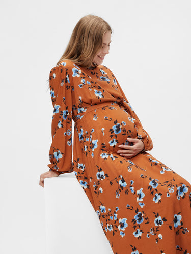 Mamalicious Floralprint Maxi Umstandskleid online kaufen und mieten bei Mutterkleid in braun aus Viskose und Band zum Binden