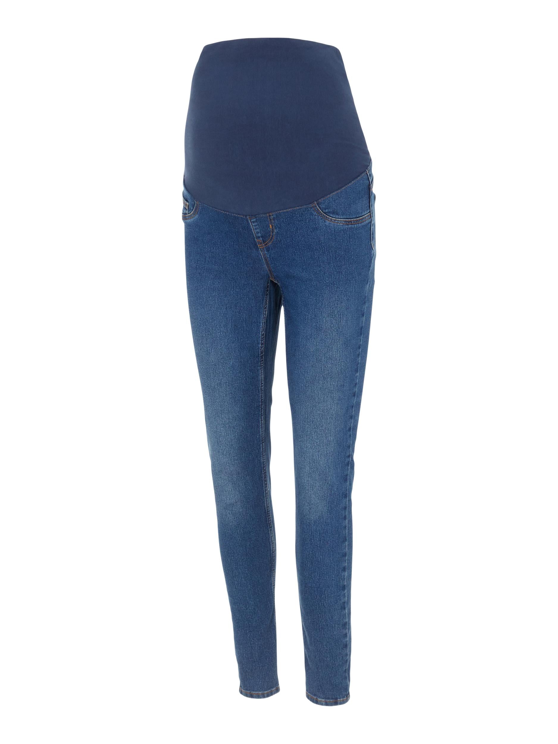 Mamalicious Skinny Umstandsjeans blau mit Bauchband, Ziertaschen vorne und echten Taschen hinten aus stretchigem Denim bei Mutterkleid online kaufen oder monatlich mieten