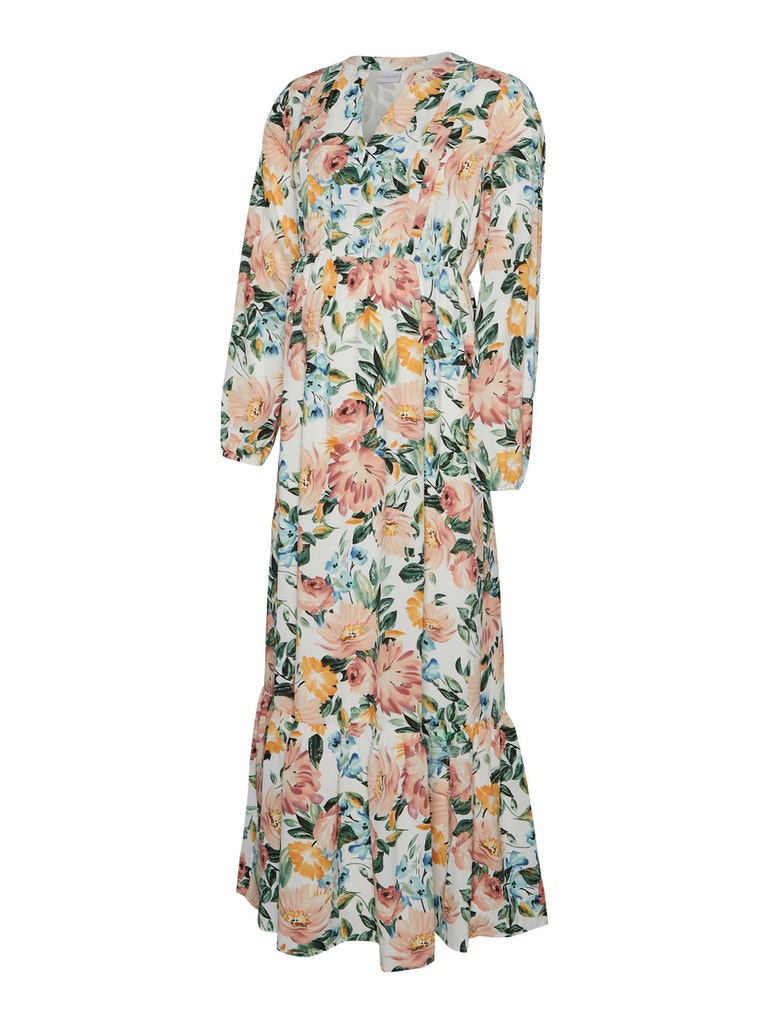 Umstandsabendkleid und Stillkleid mehrfarbig von Mamalicious mit Blumendruck, V-Neck, Stehkragen, Kellerfalten vorne, Volant-Saum, langen Ärmeln mit elastischen Bündchen, Bindegürtel bei Mutterkleid online kaufen oder mieten