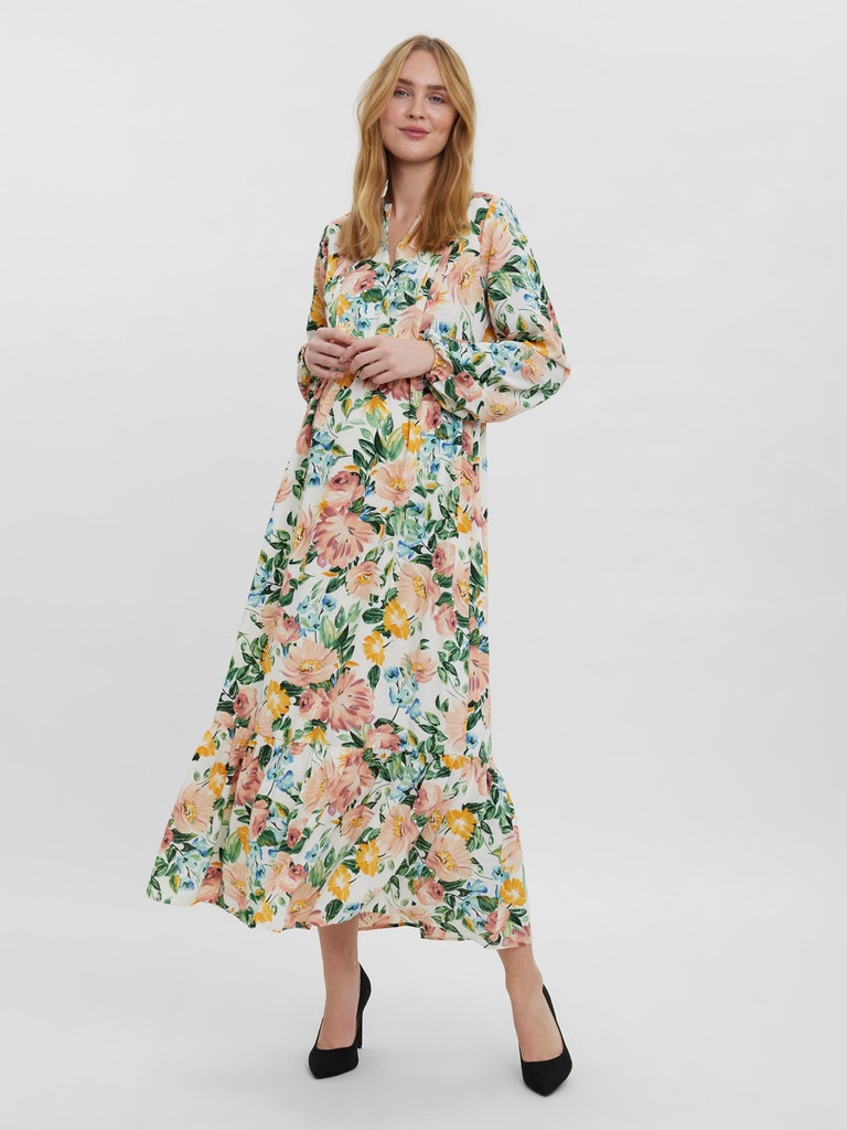 Umstandsabendkleid in Maxilänge von Mamalicious mit Stillfunktion und Blumenprint, Volant-Saum, Unterkleid aus Viskose bei Mutterkleid online kaufen oder mieten