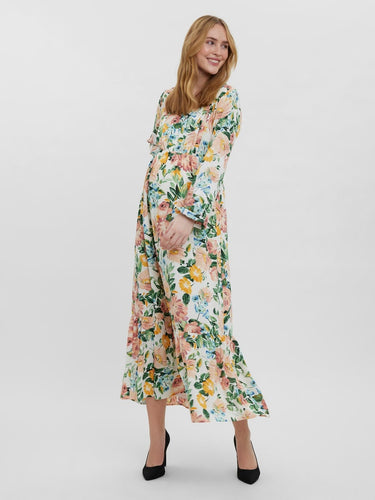 Maxi Umstandsabendkleid mit Blumendruck von Mamalicious, mehrfarbig, mit langen Ärmeln bei Mutterkleid online Kaufen oder monatlich mieten
